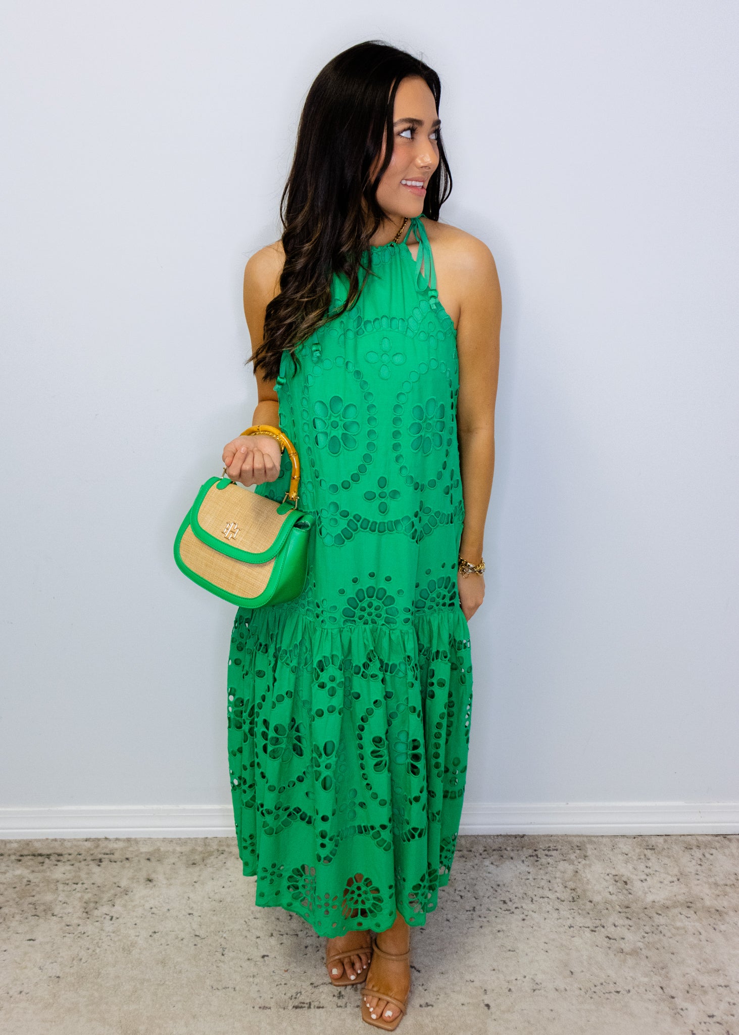 Kelly Green Eyelet Midi Dress