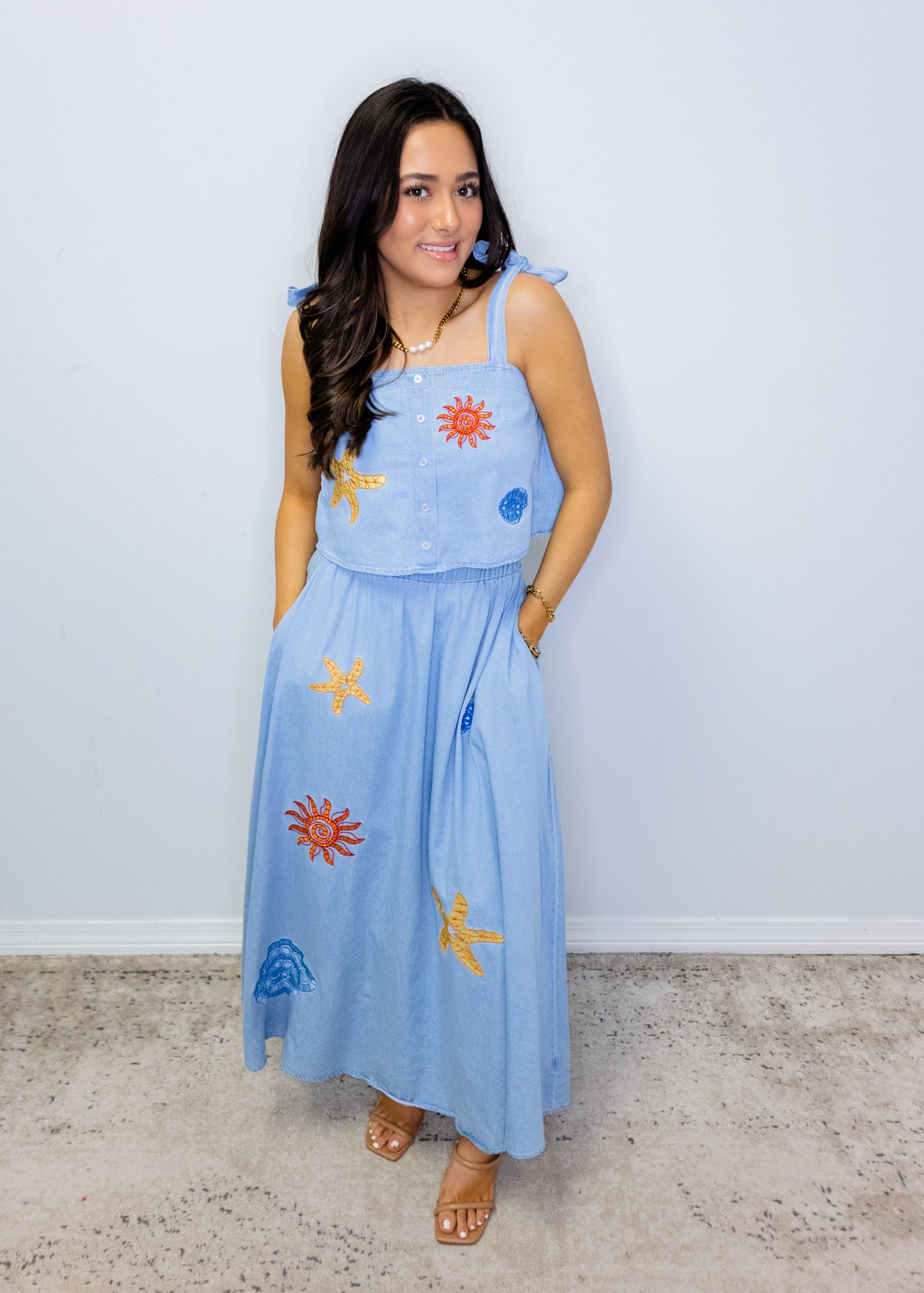 Denim Sea Life Embroidery Skirt Set