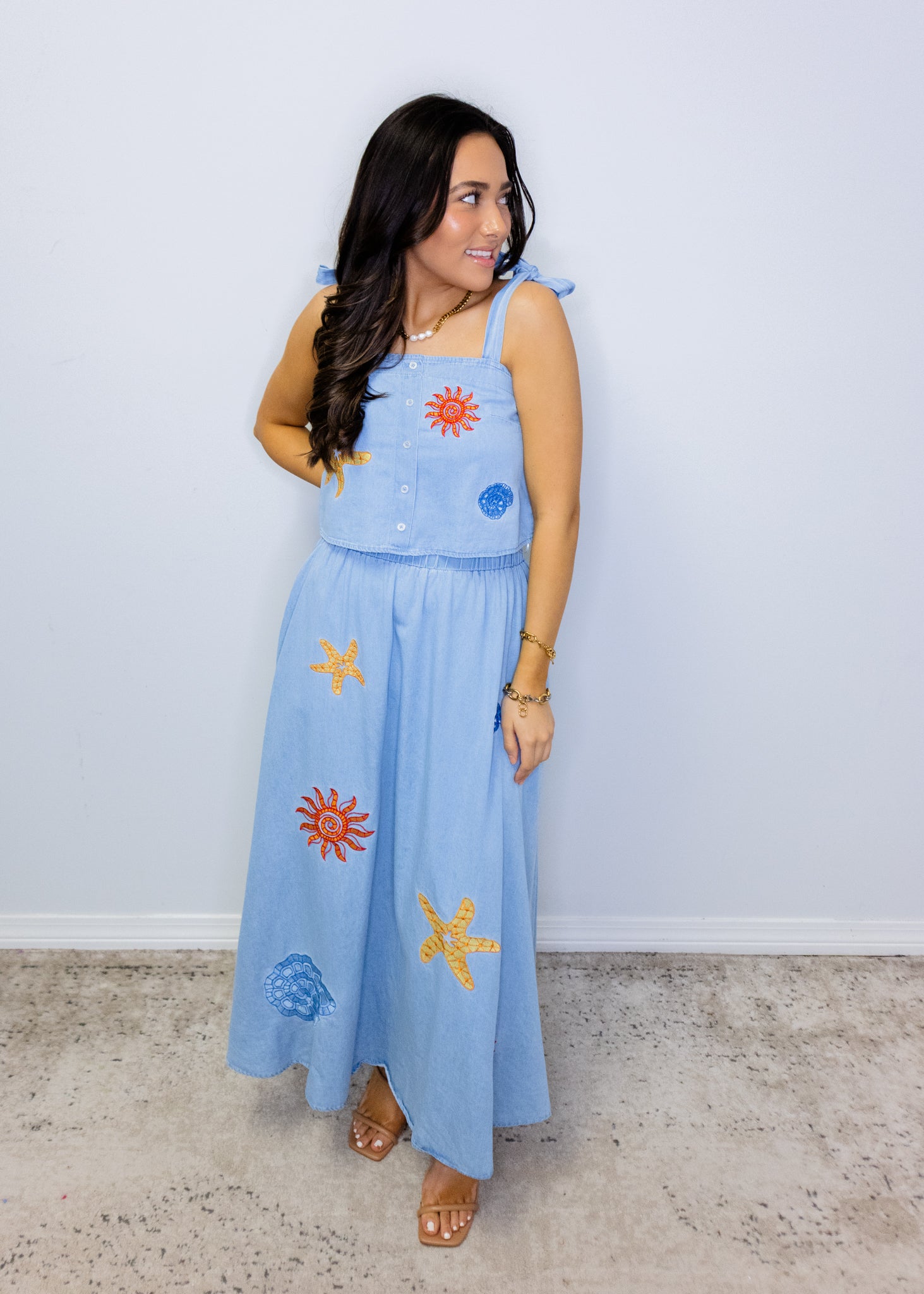 Denim Sea Life Embroidery Skirt Set