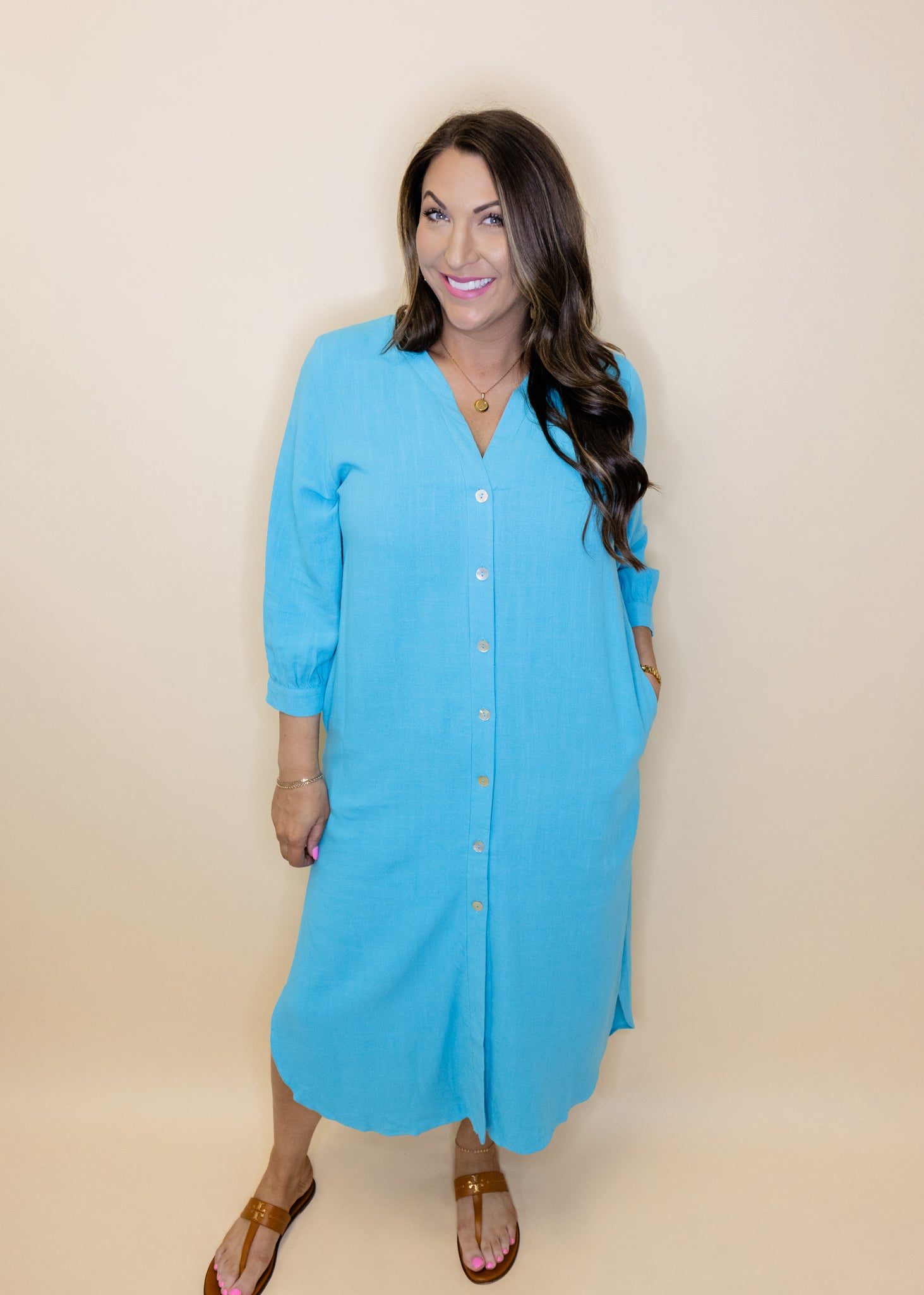 Turquoise Button Down Linen Dress