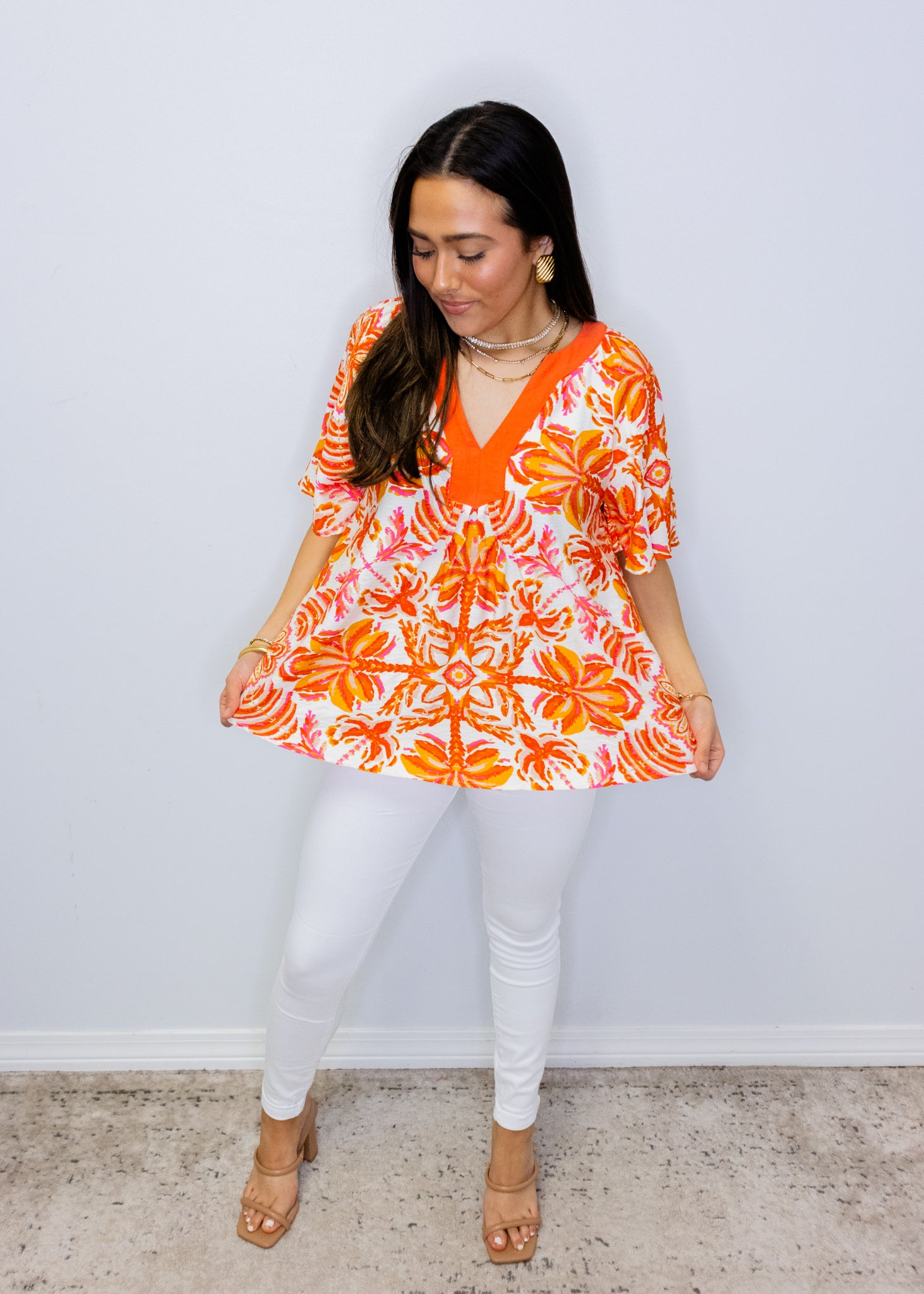 Orange Tropical Flutter Sleeve Top
