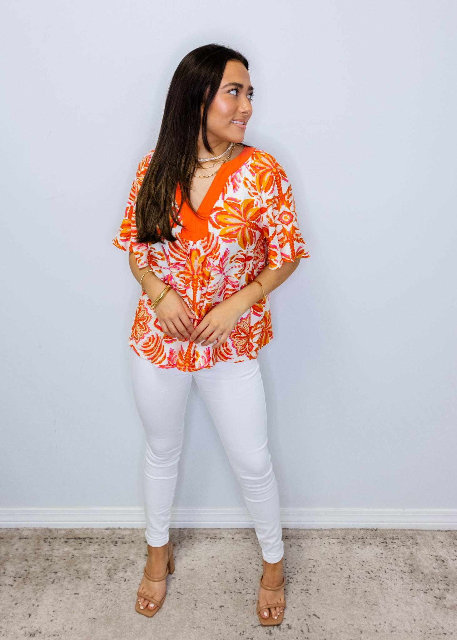 Orange Tropical Flutter Sleeve Top