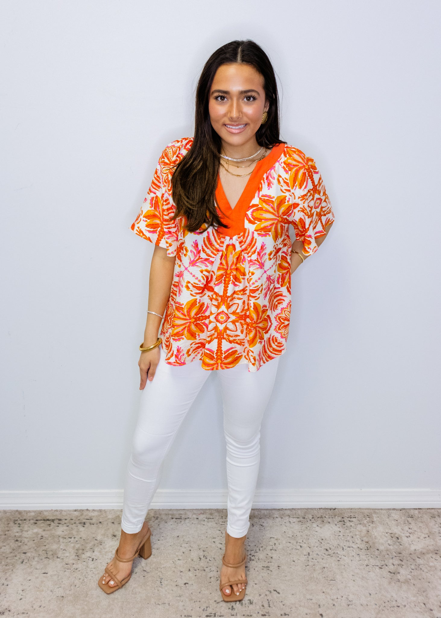 Orange Tropical Flutter Sleeve Top
