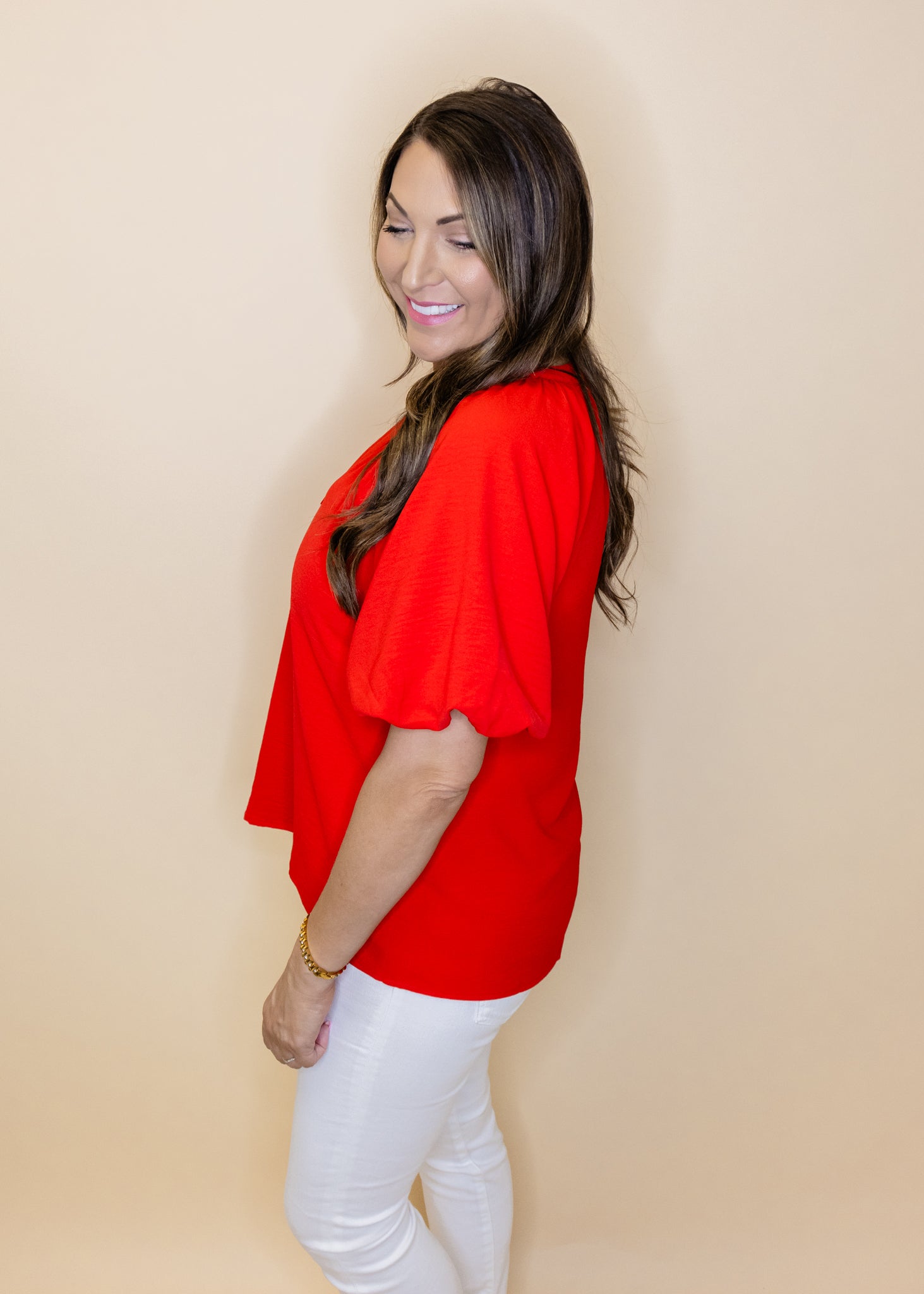 Red Solid Balloon Sleeve Top