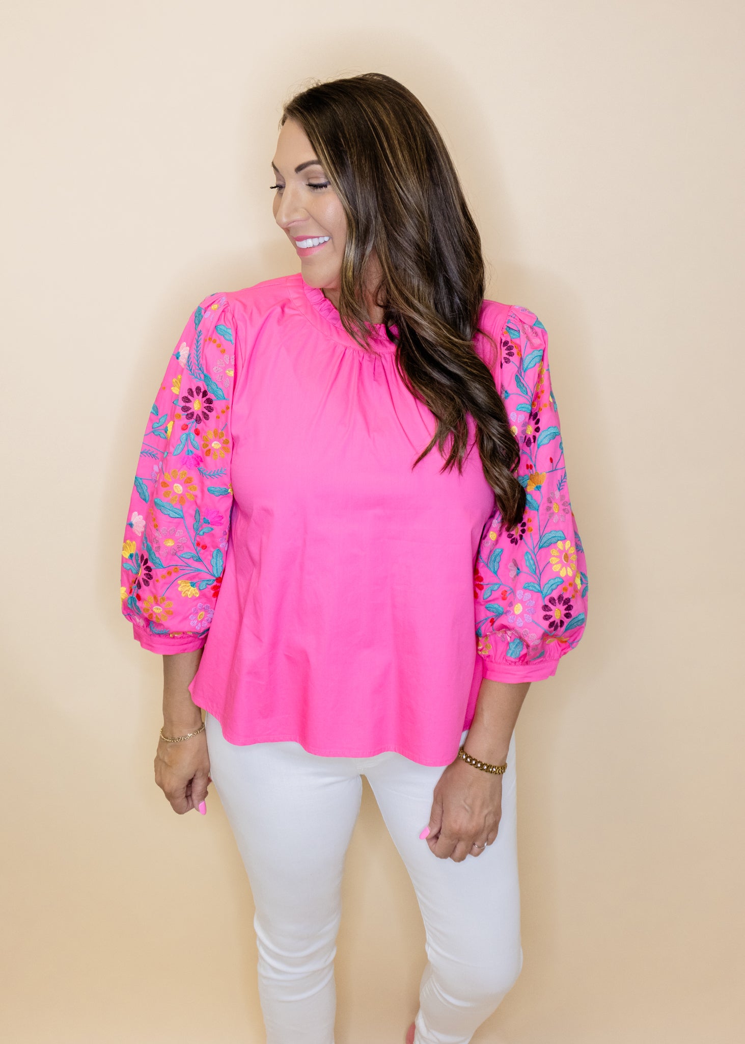 Pink Embroidered 3/4 Sleeve Top