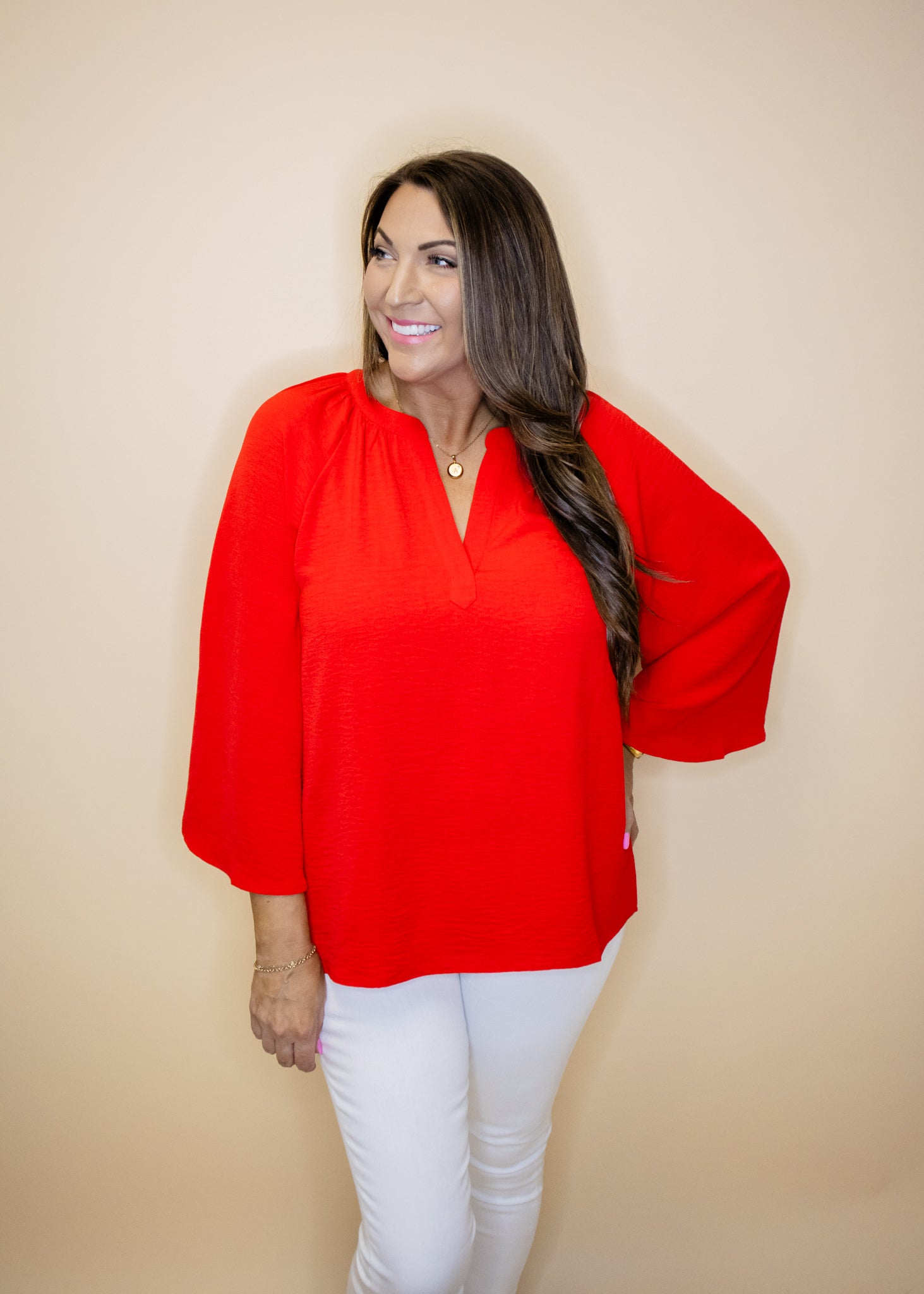 Red Solid Bell Sleeve Top