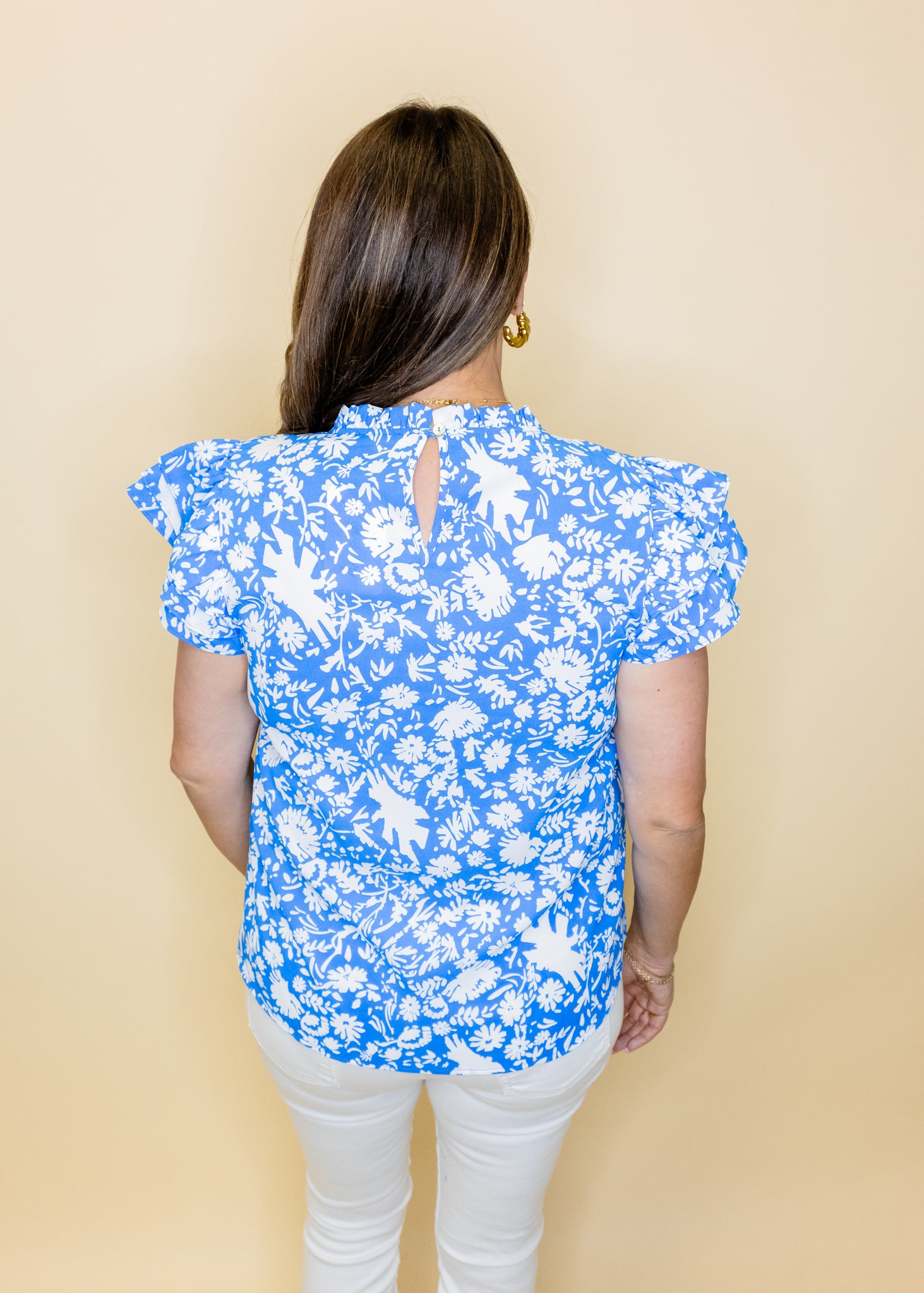 Blue Floral Ruffle Sleeve Top