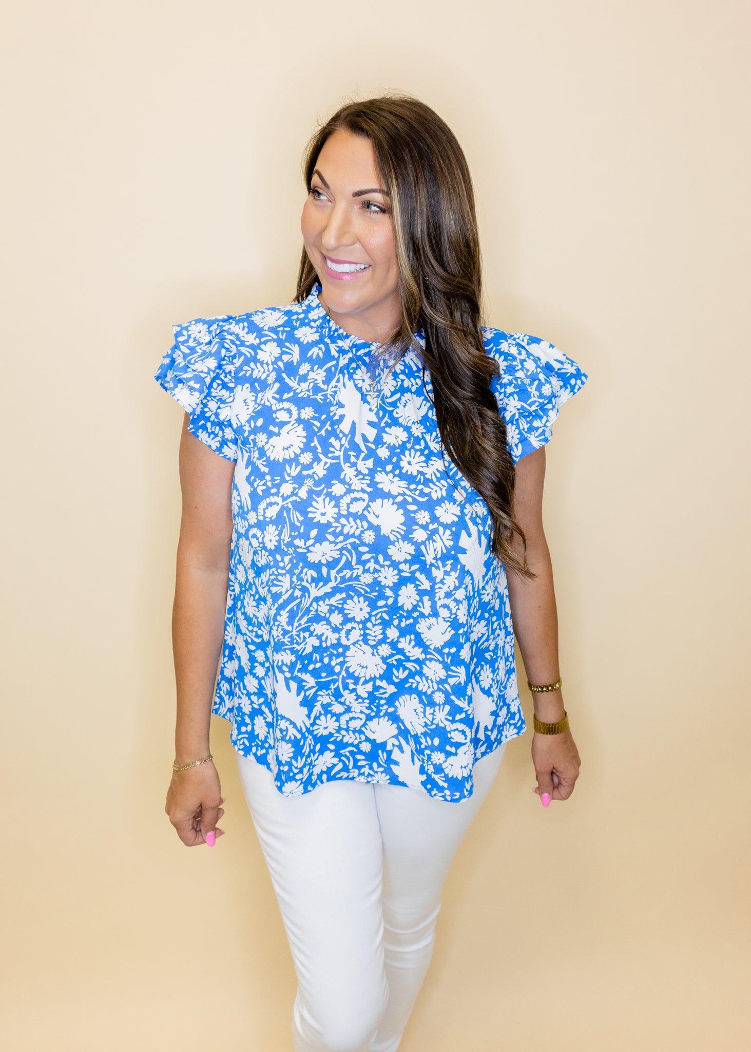 Blue Floral Ruffle Sleeve Top
