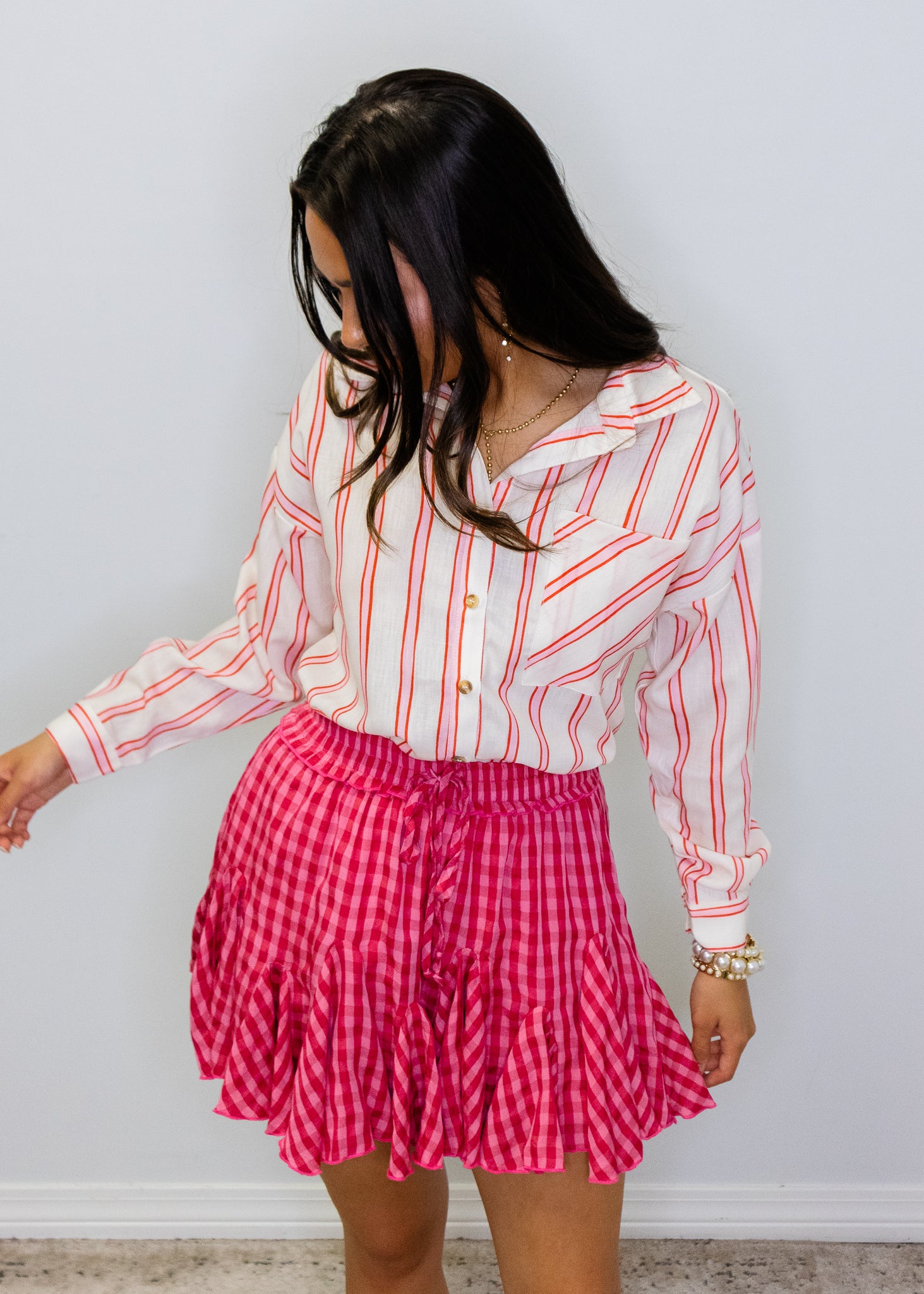 Red Stripe Button-Up Top
