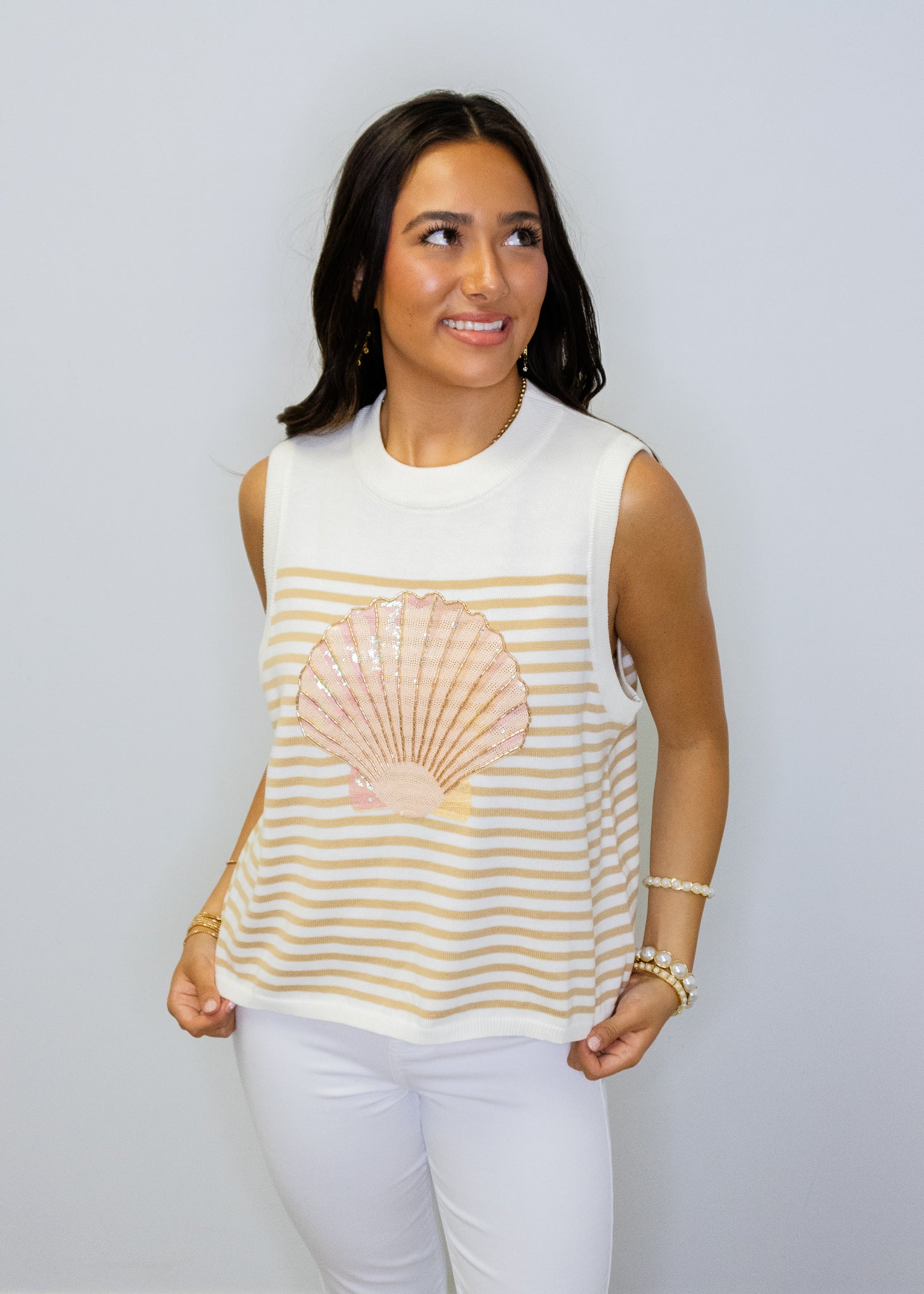 Ivory & Tan Striped Shell Knit Tank