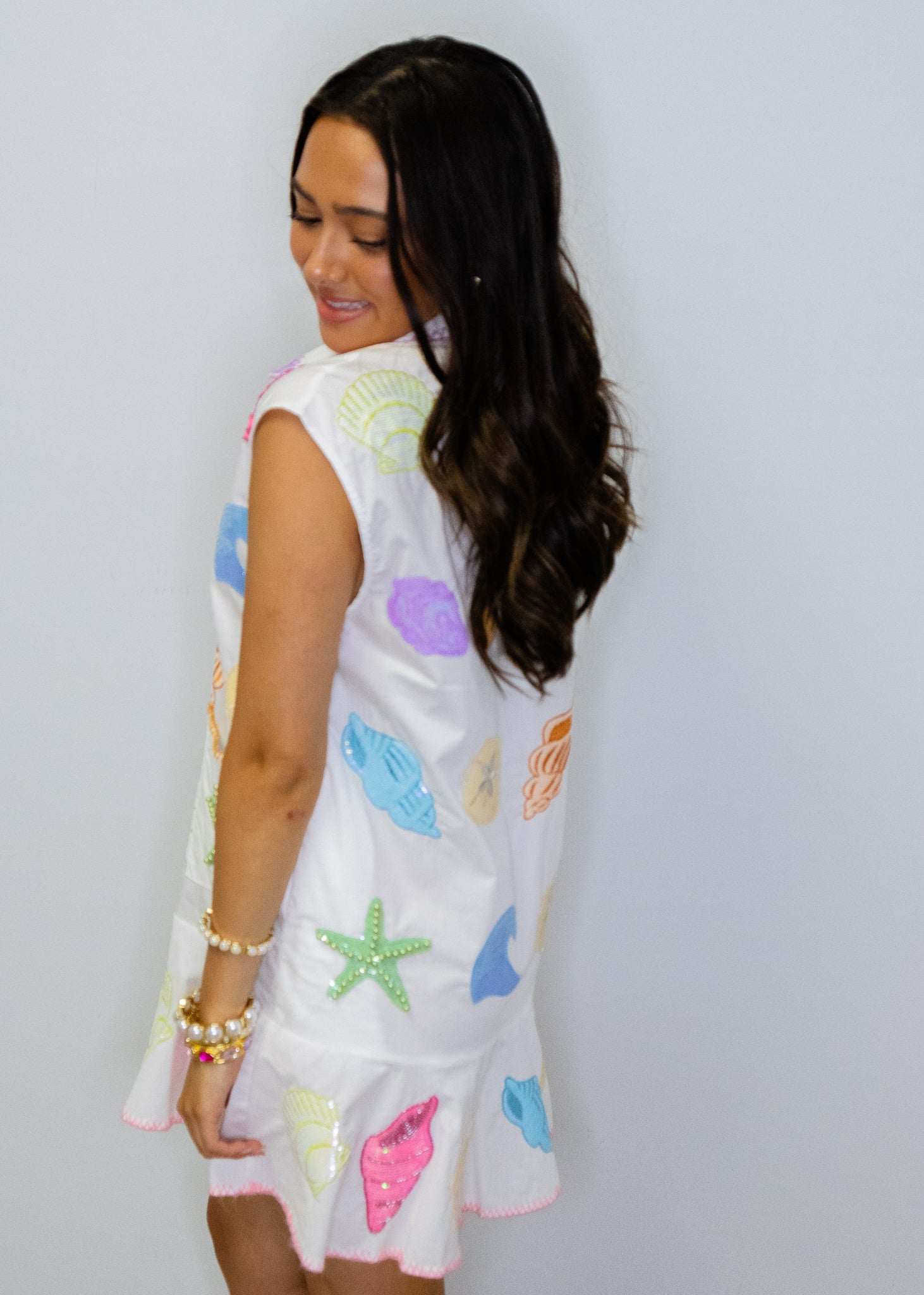 White Multi Shell Cotton Button Up Tank Dress