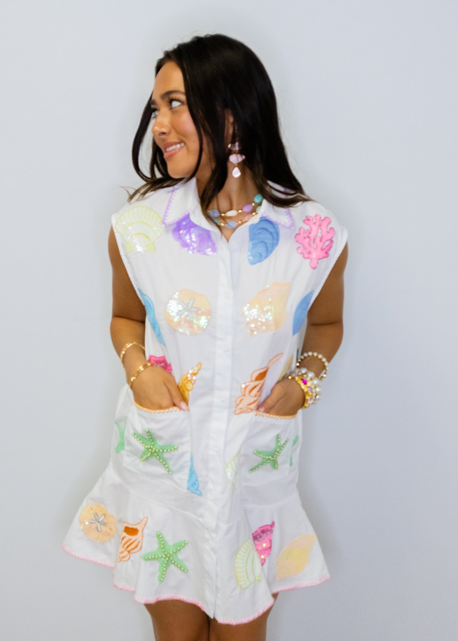 White Multi Shell Cotton Button Up Tank Dress