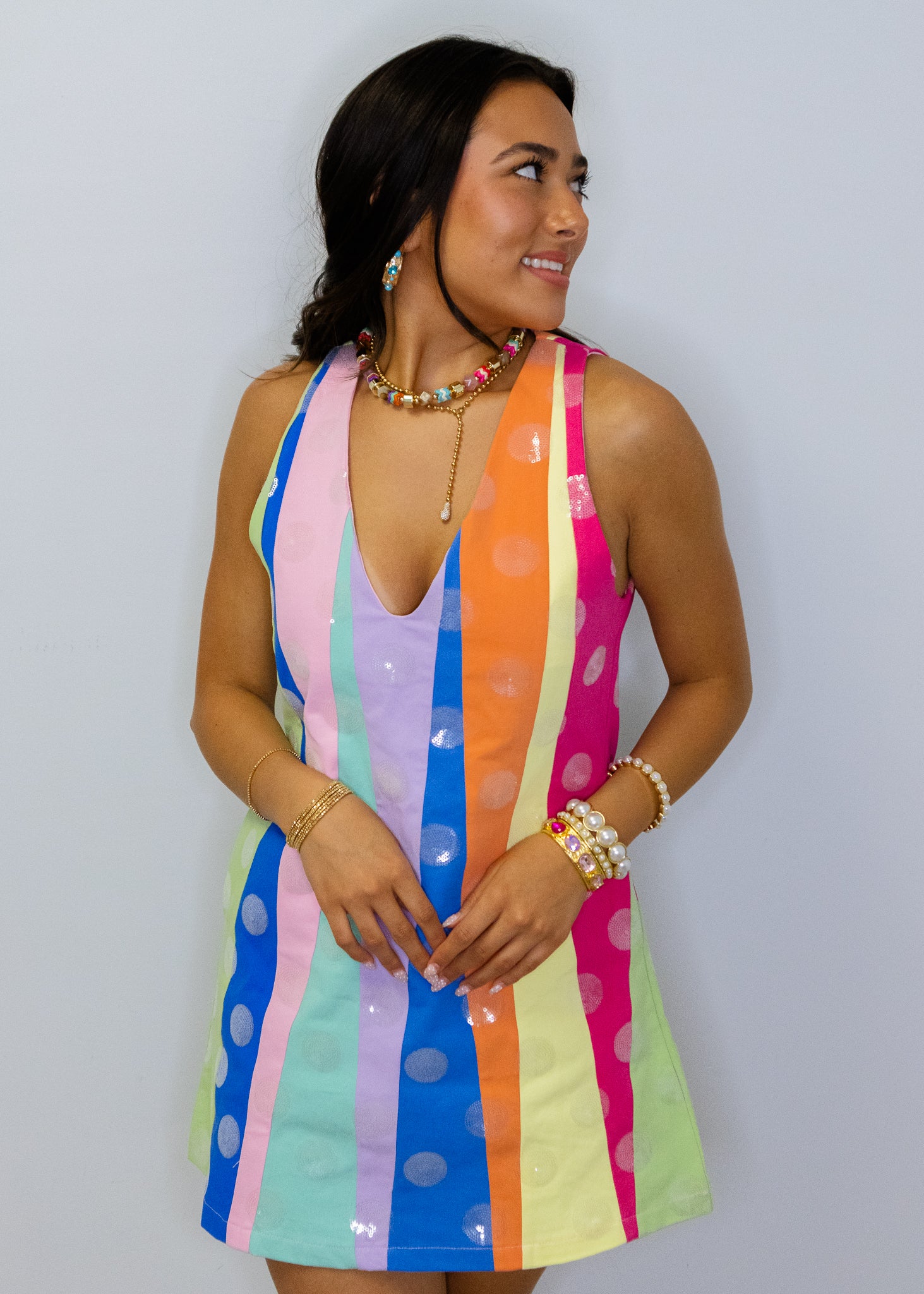 Multi Stripe Clear Sequin Polka Dot Tank Dress