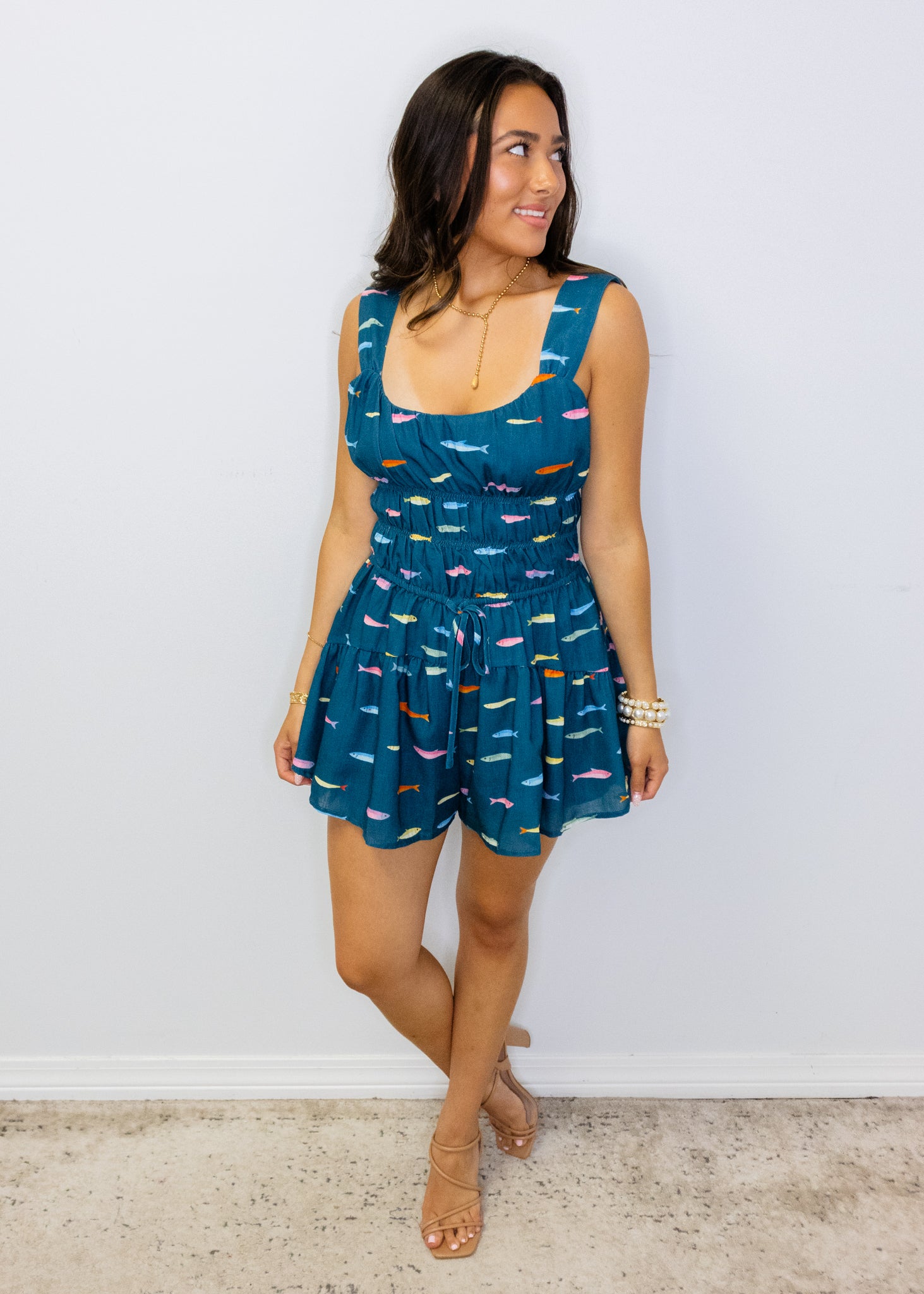 Dark Teal Fish Smocked Romper