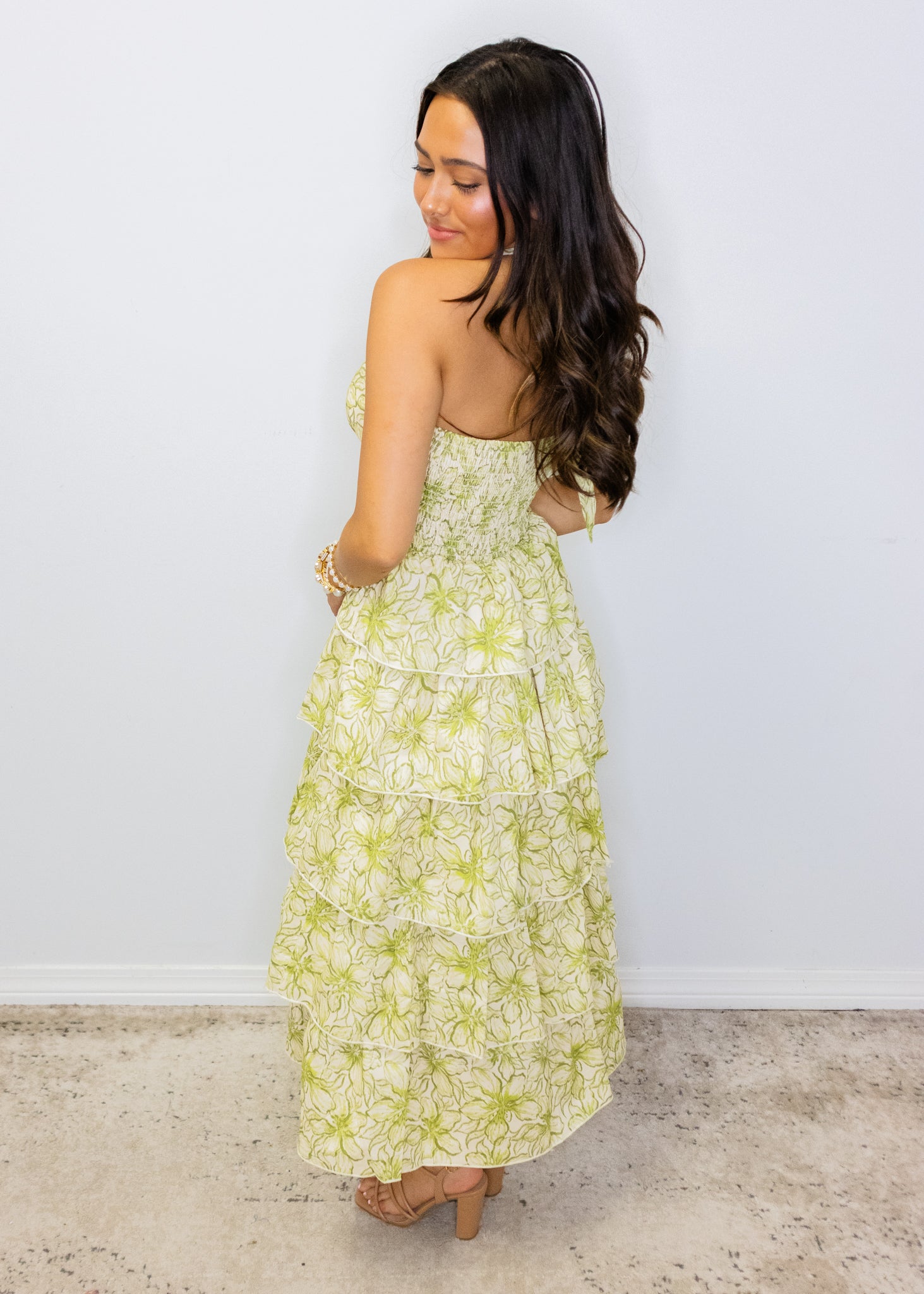 Green Floral Tiered Midi Dress