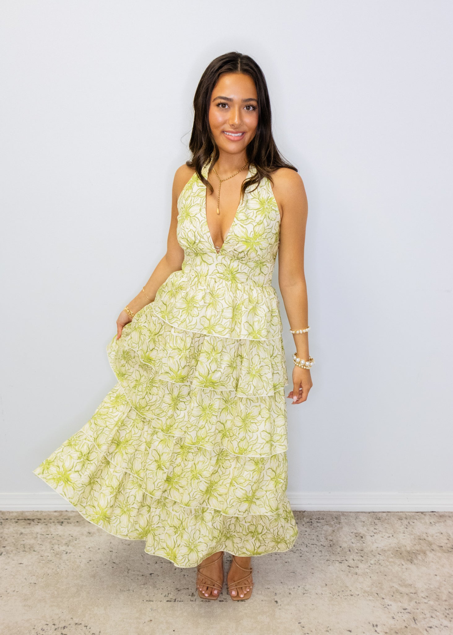 Green Floral Tiered Midi Dress