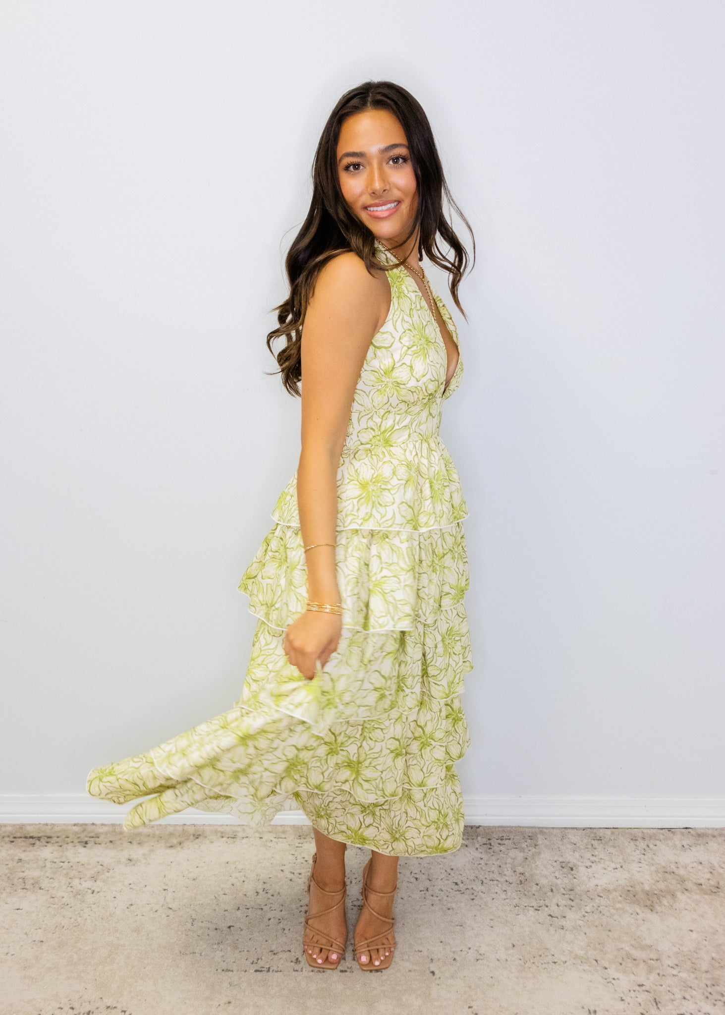 Green Floral Tiered Midi Dress