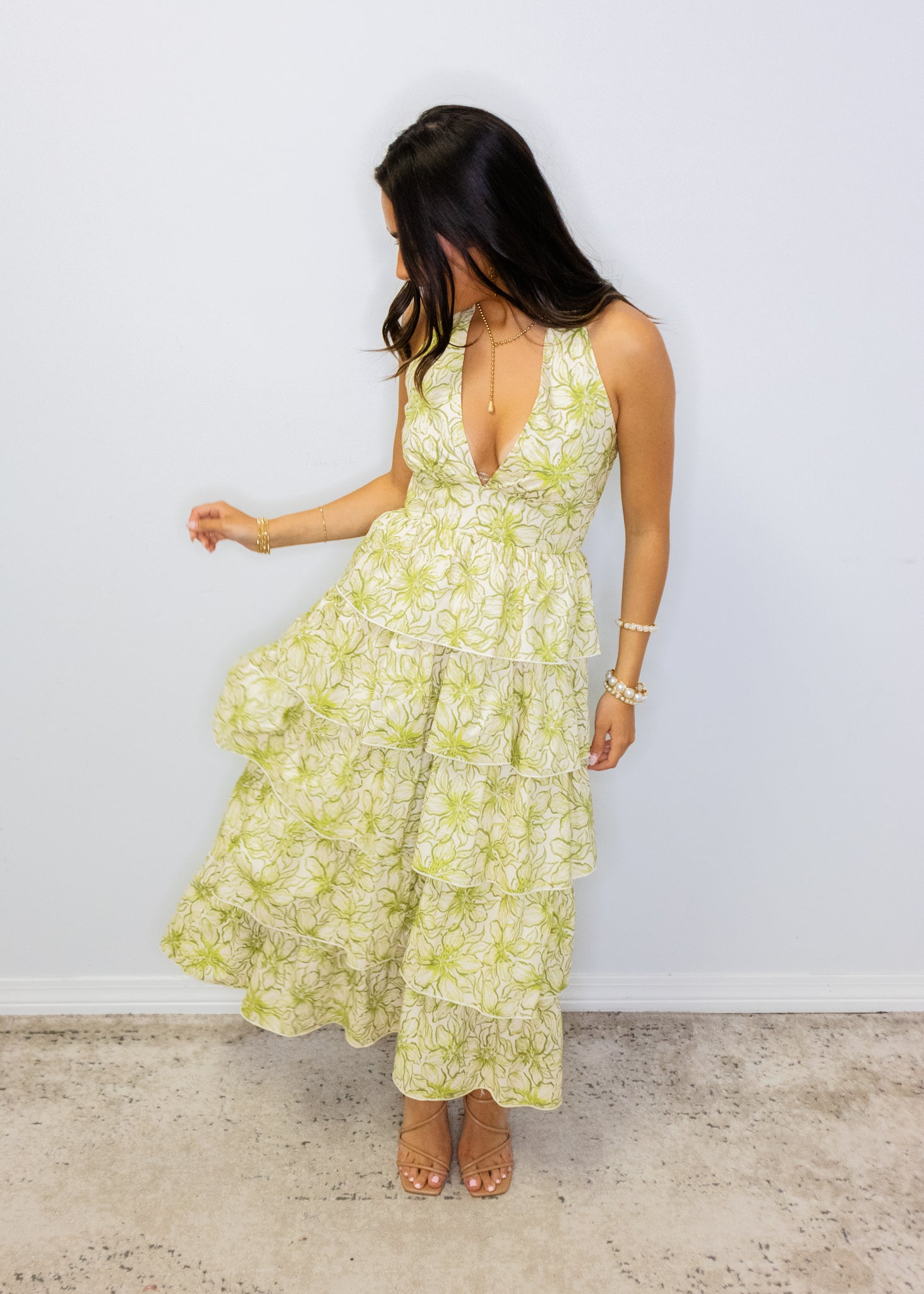 Green Floral Tiered Midi Dress