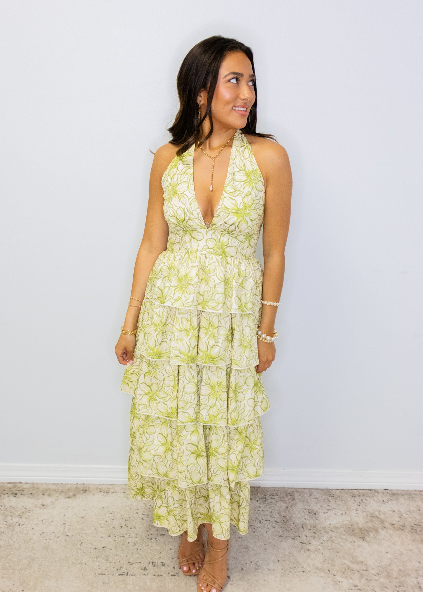 Green Floral Tiered Midi Dress
