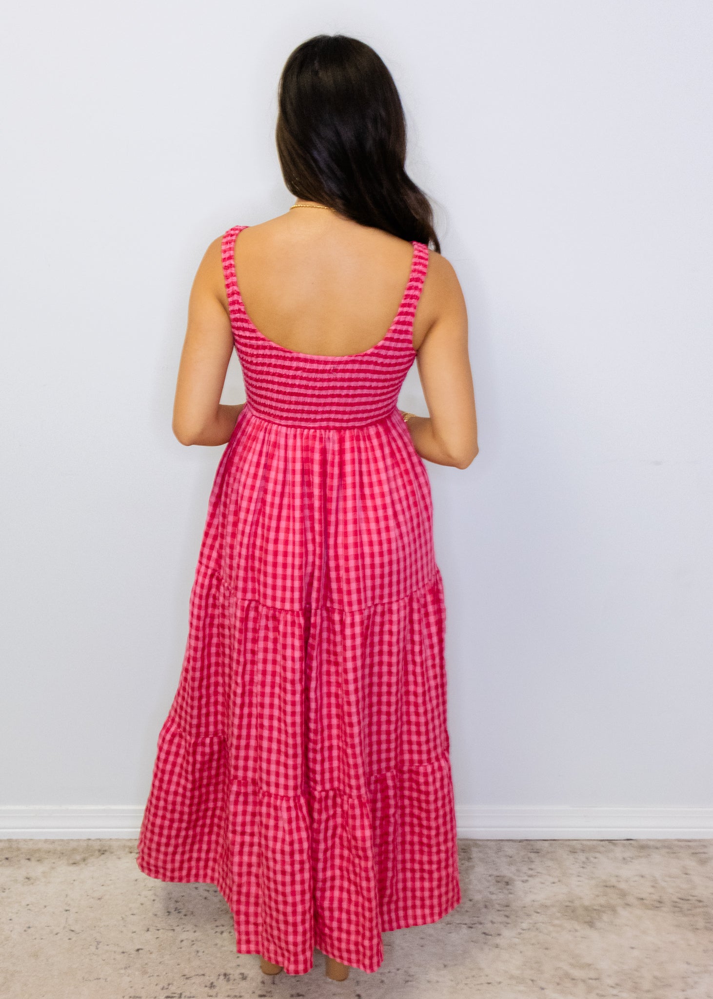 Fuchsia Gingham Smocked Maxi Dress