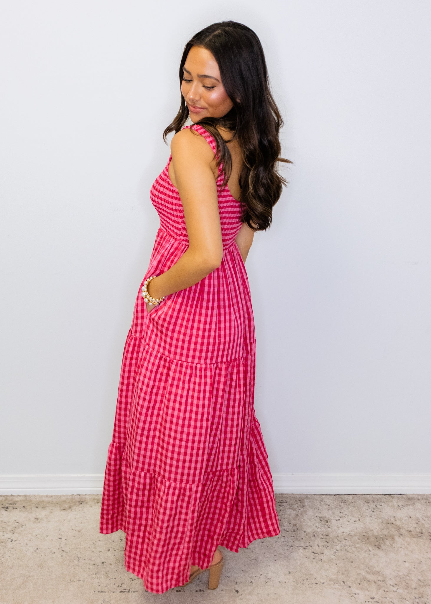 Fuchsia Gingham Smocked Maxi Dress