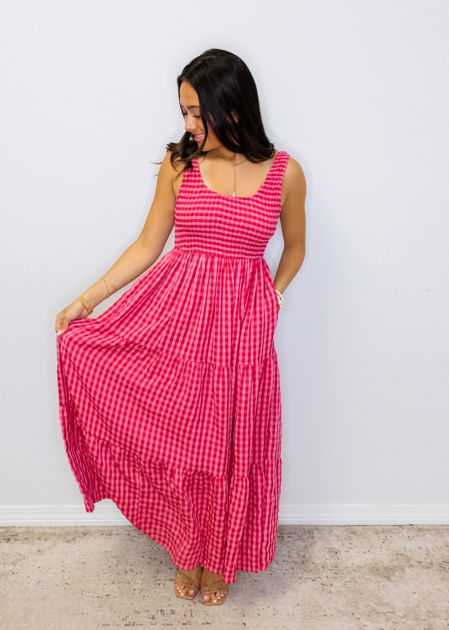 Fuchsia Gingham Smocked Maxi Dress