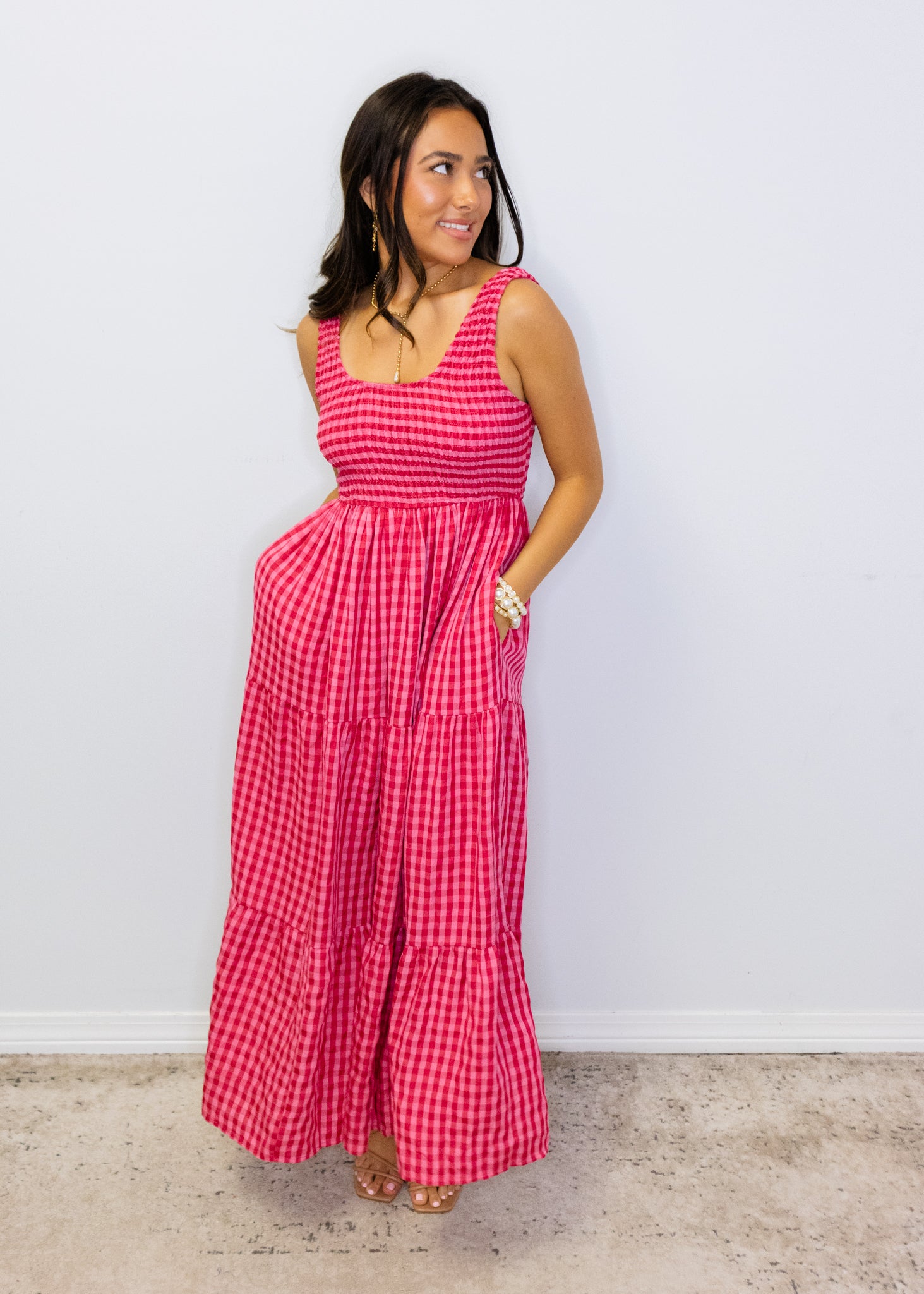 Fuchsia Gingham Smocked Maxi Dress
