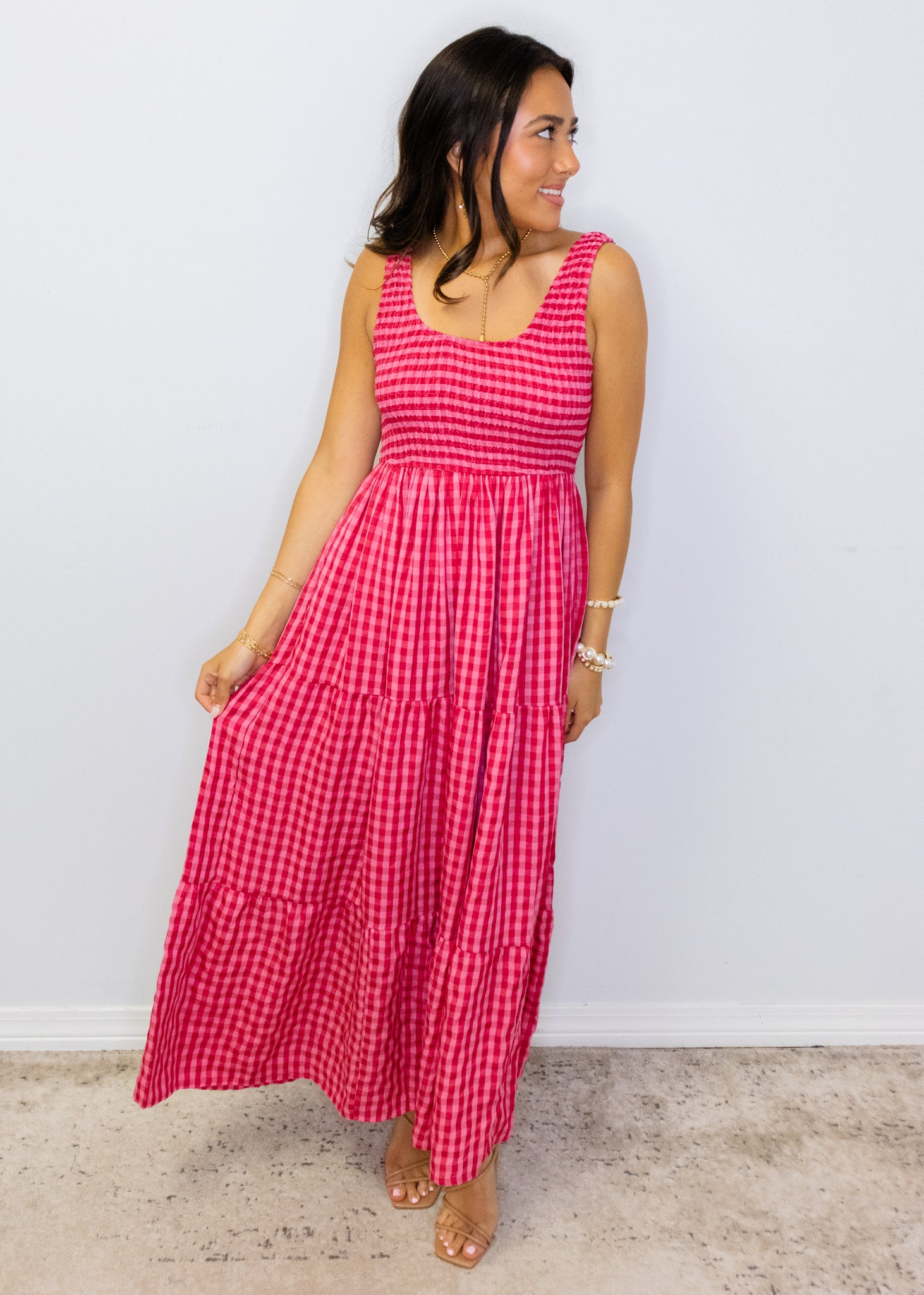 Fuchsia Gingham Smocked Maxi Dress