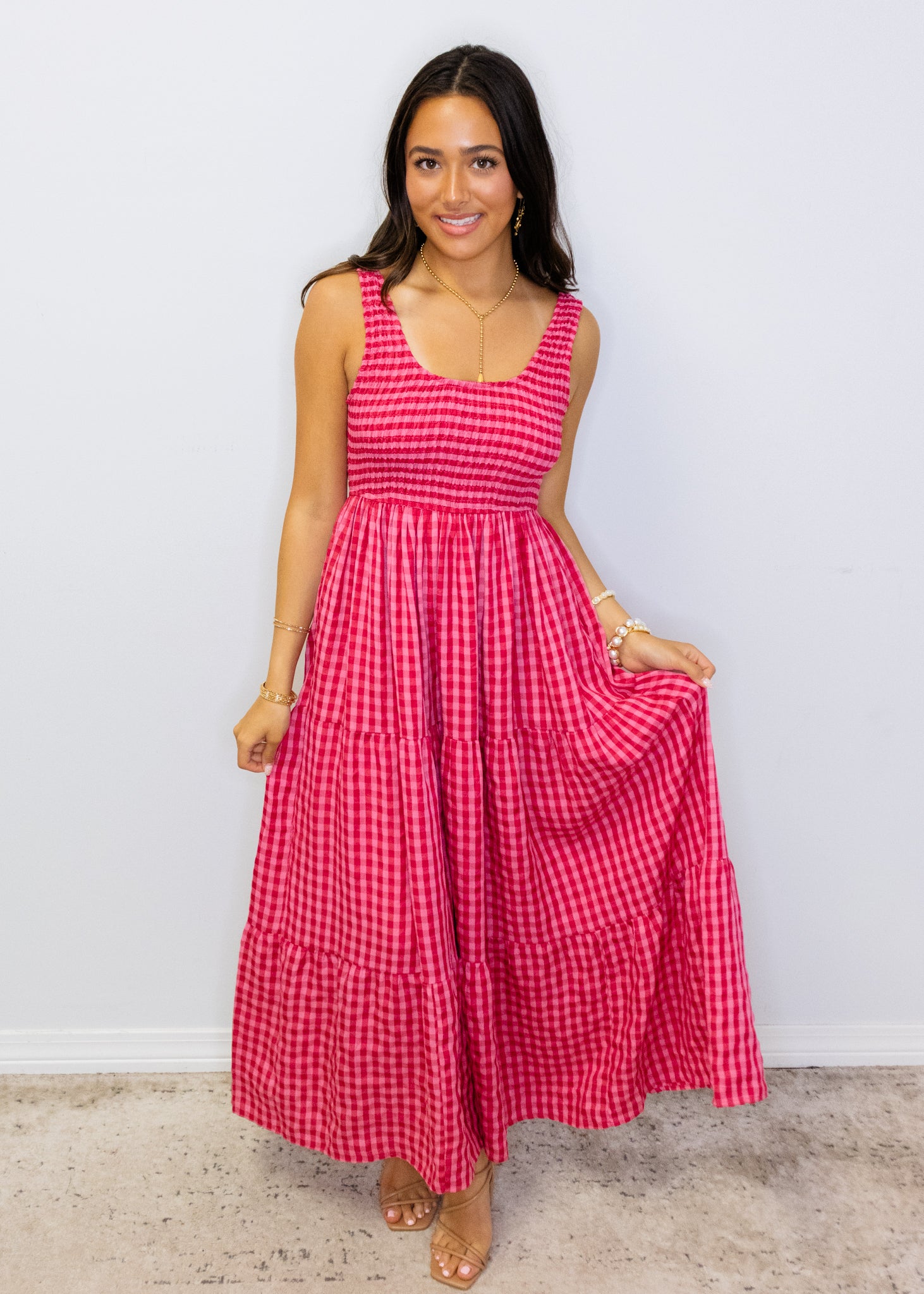 Fuchsia Gingham Smocked Maxi Dress