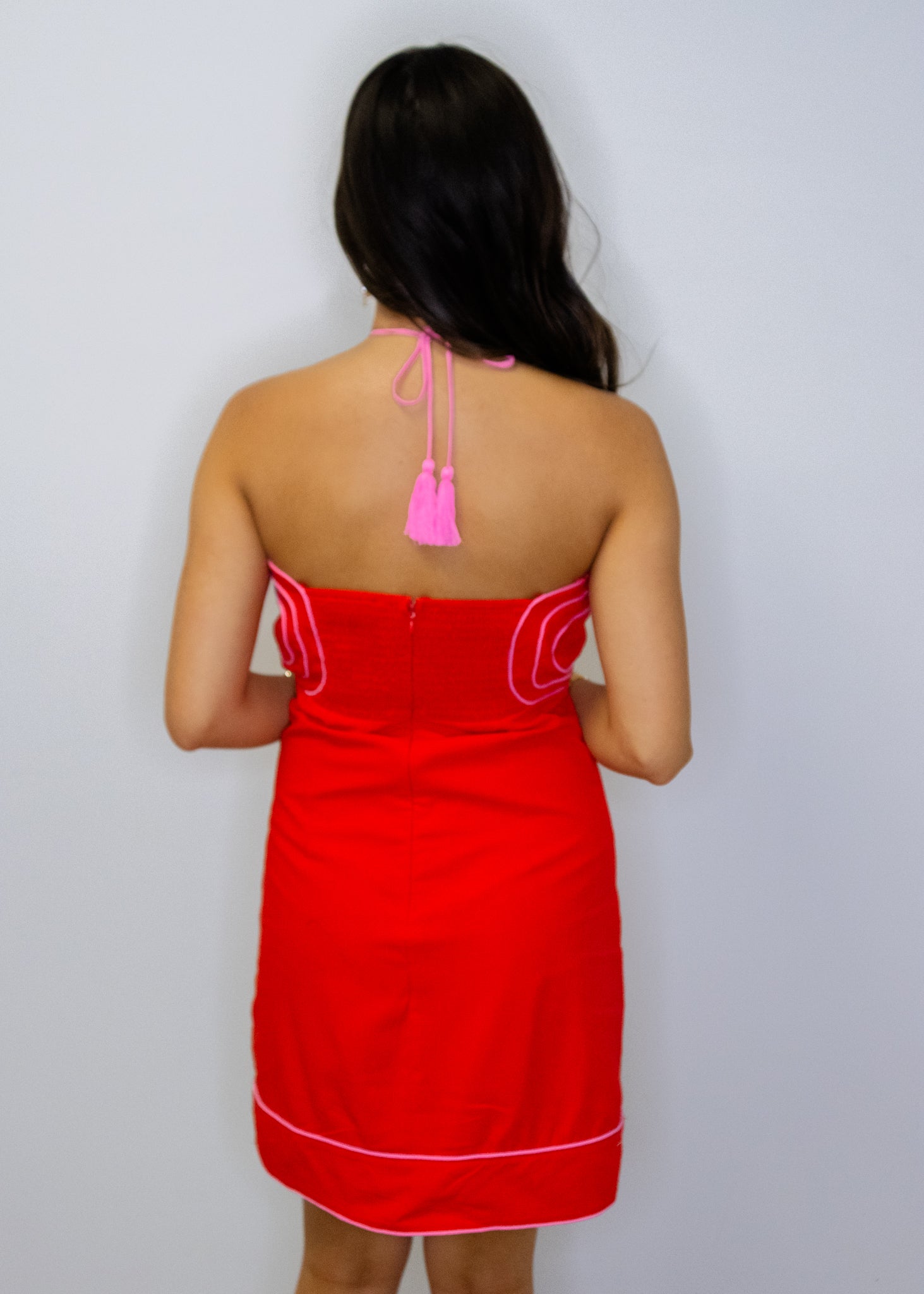 Red Contrast Piping Halter Dress
