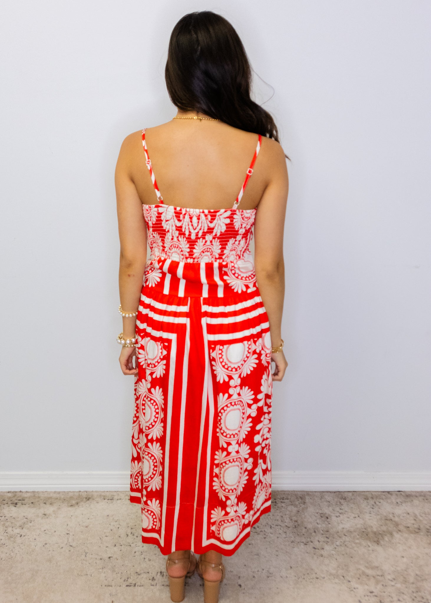 Red & Ivory Print Midi Dress
