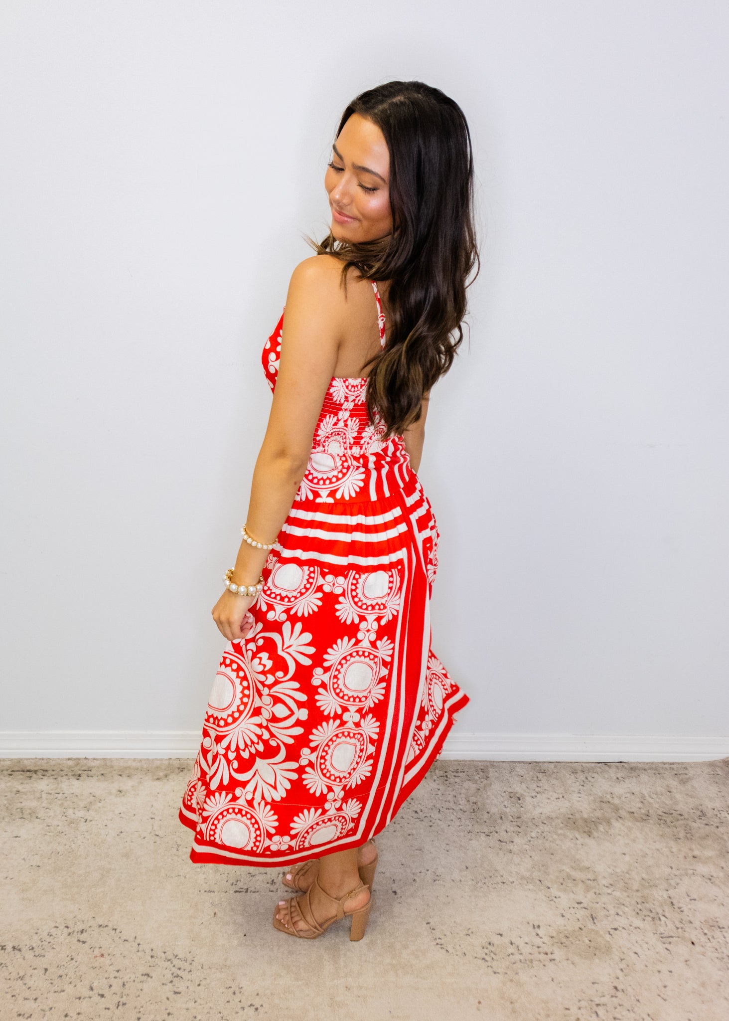 Red & Ivory Print Midi Dress