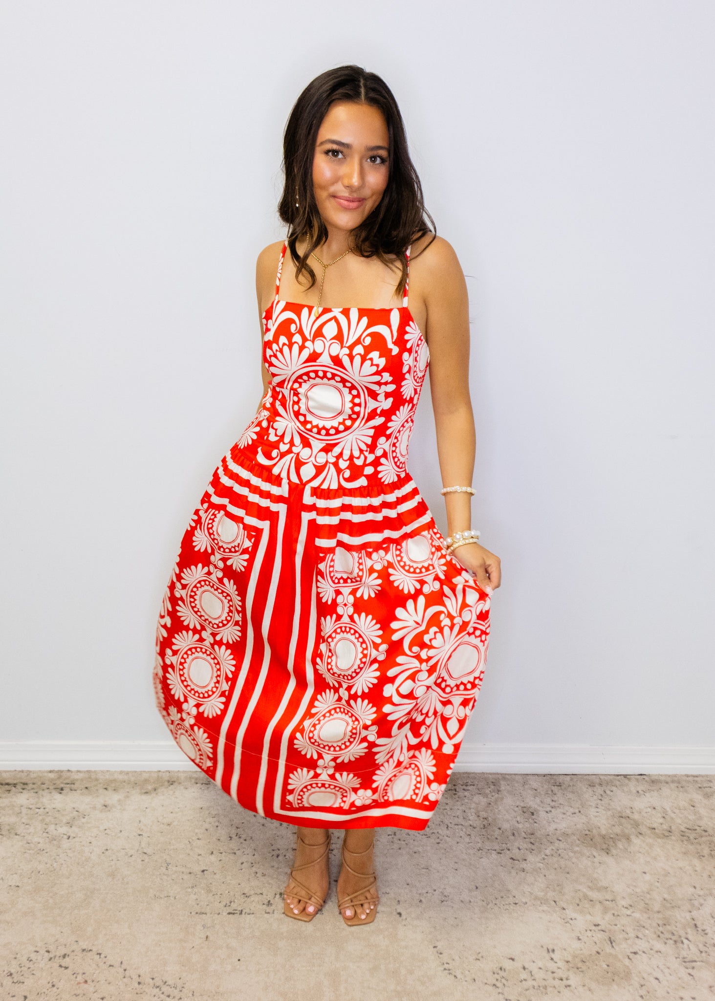 Red & Ivory Print Midi Dress