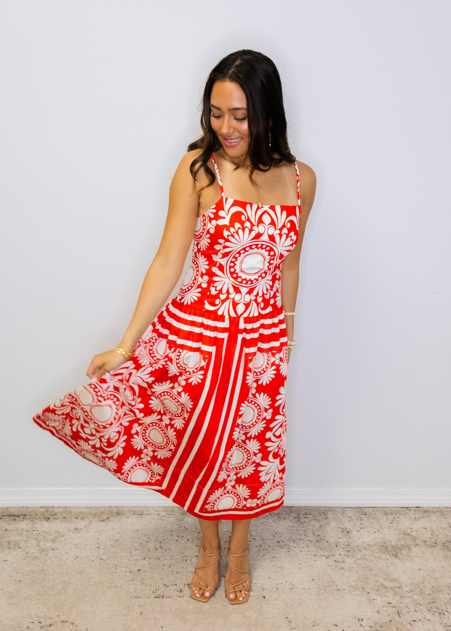 Red & Ivory Print Midi Dress