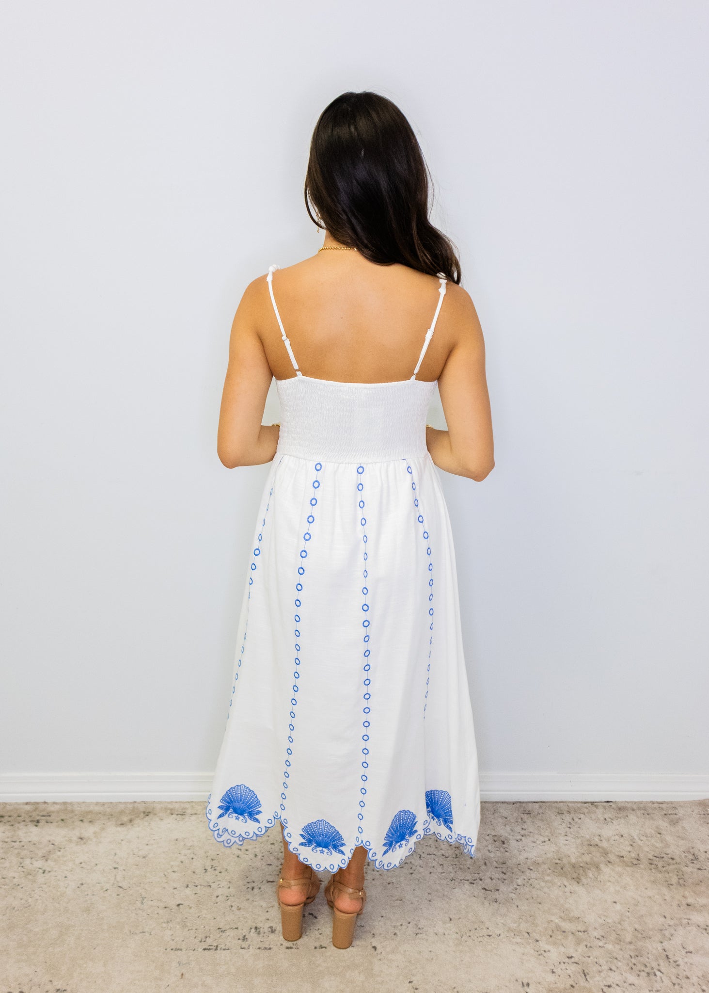 Blue Scalloped Linen Maxi Dress
