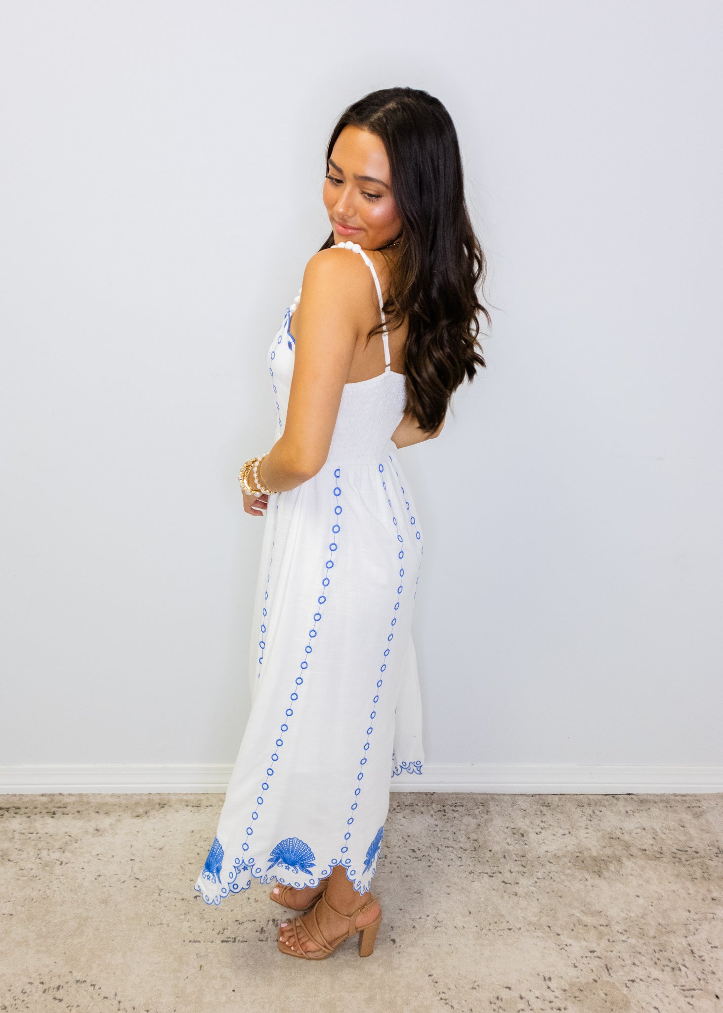 Blue Scalloped Linen Maxi Dress