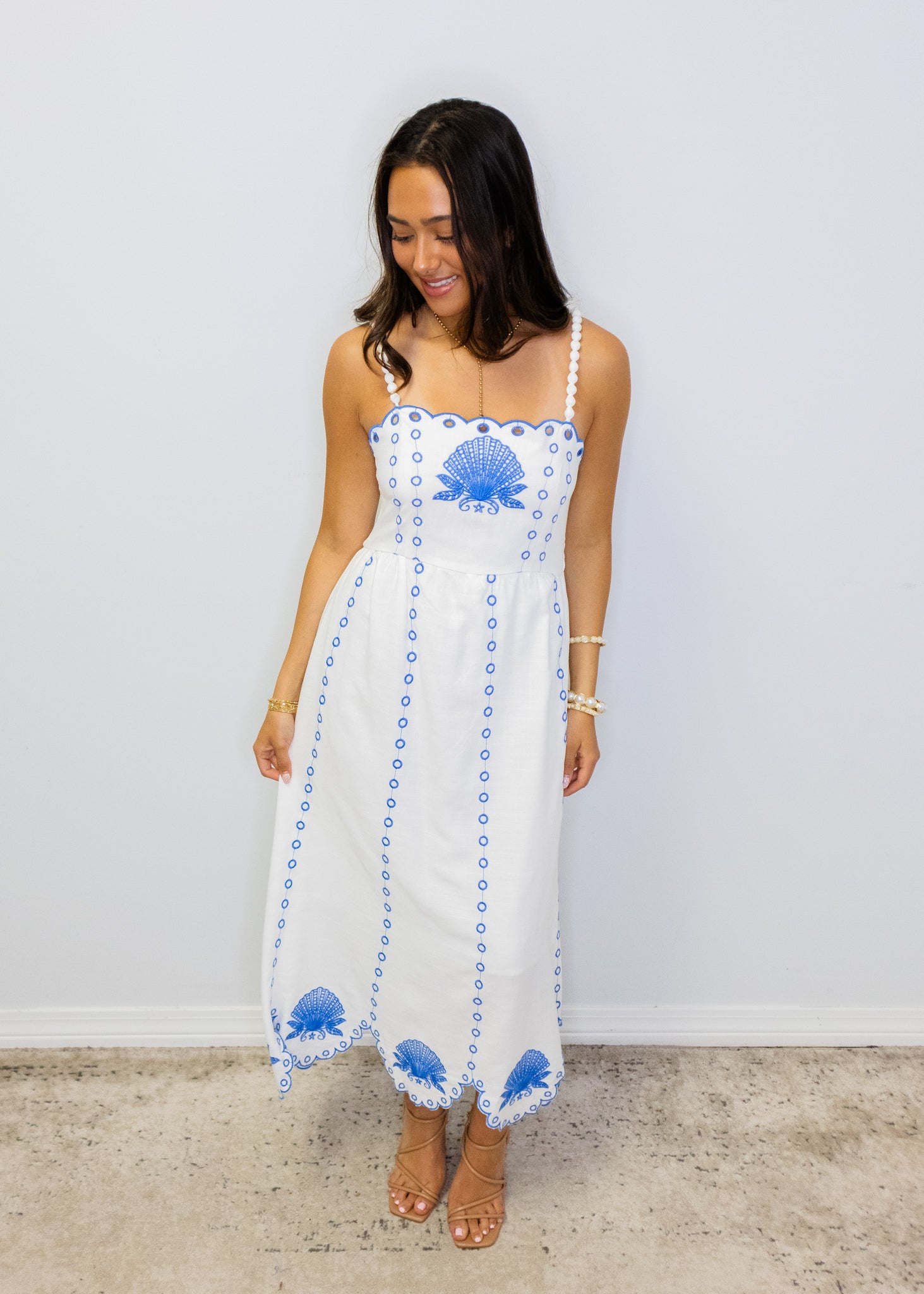 Blue Scalloped Linen Maxi Dress