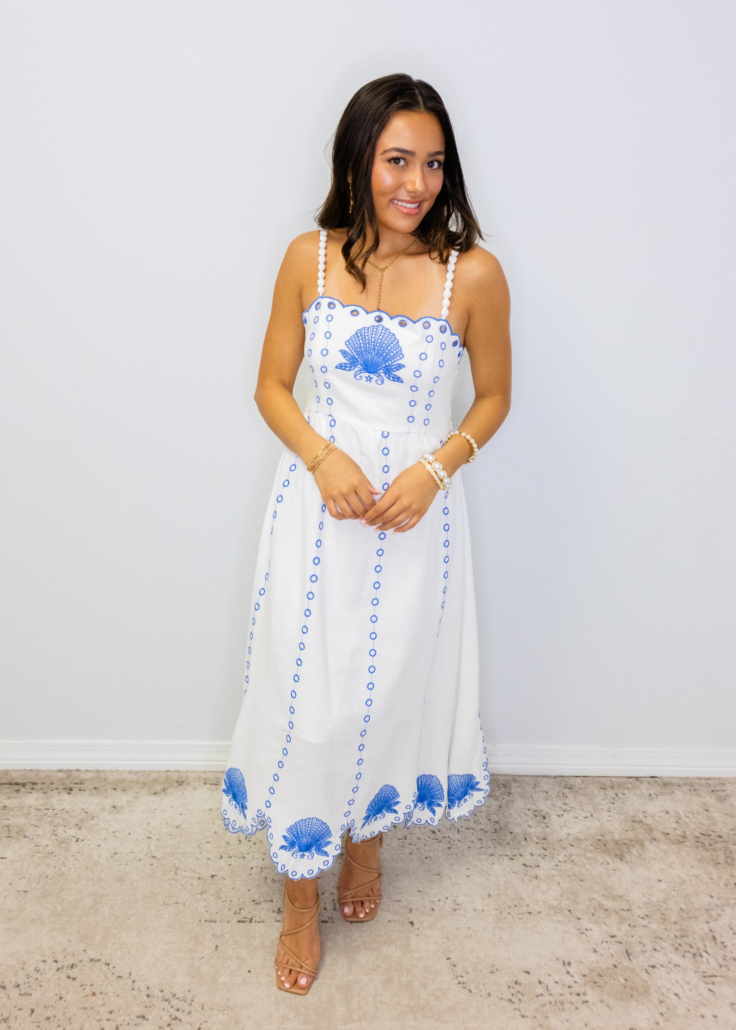 Blue Scalloped Linen Maxi Dress