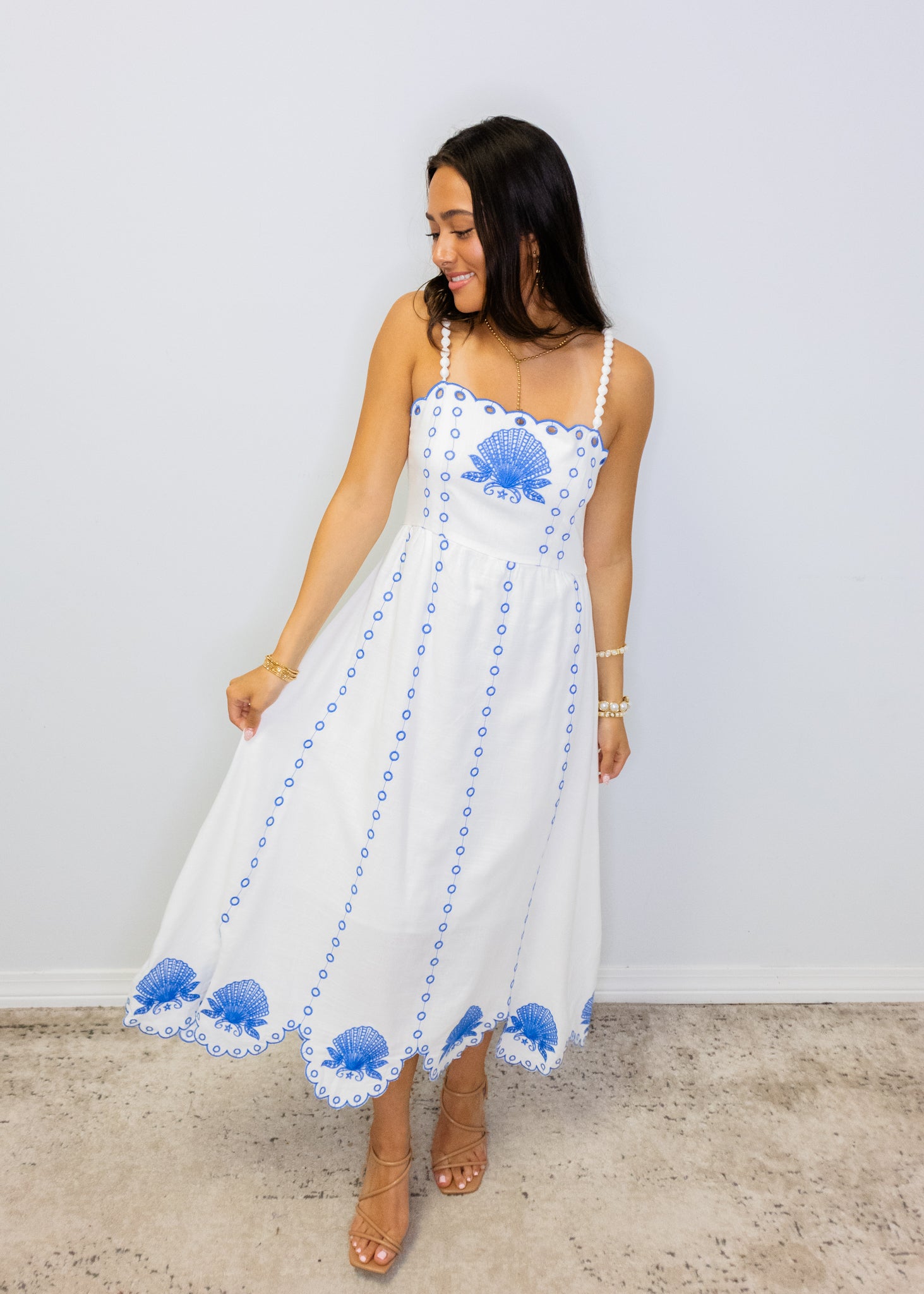 Blue Scalloped Linen Maxi Dress