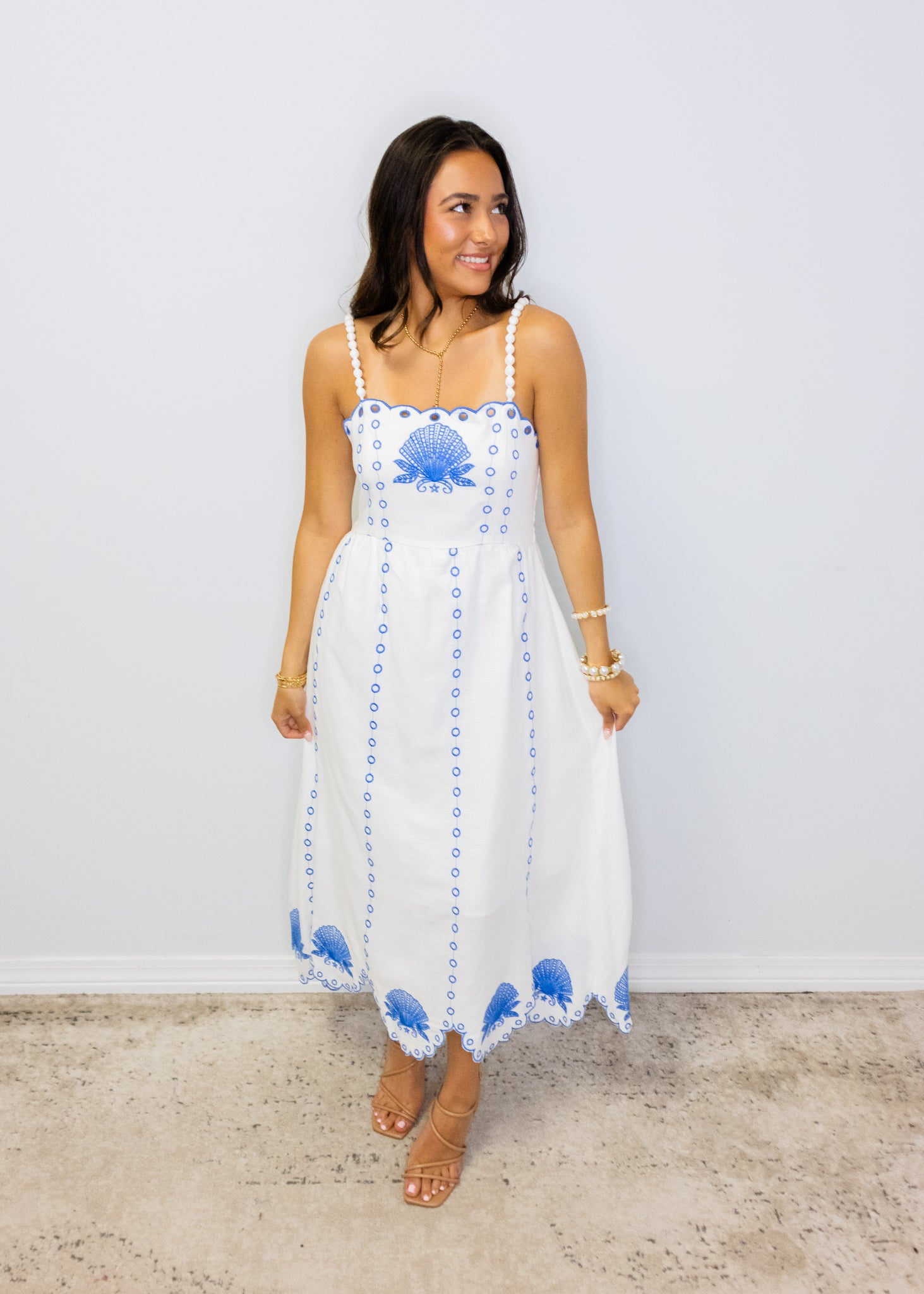 Blue Scalloped Linen Maxi Dress