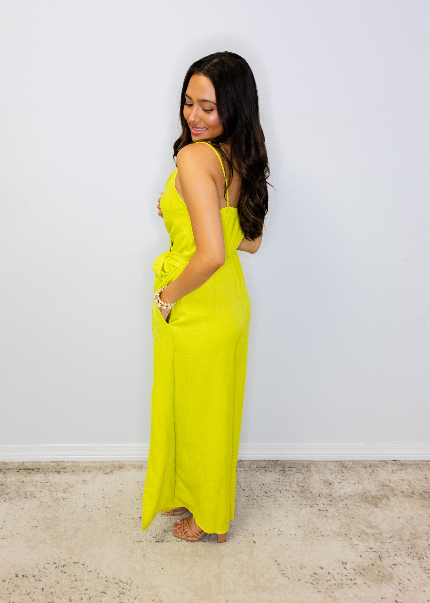 Lime V-Neck Wide Leg Jumpsuit