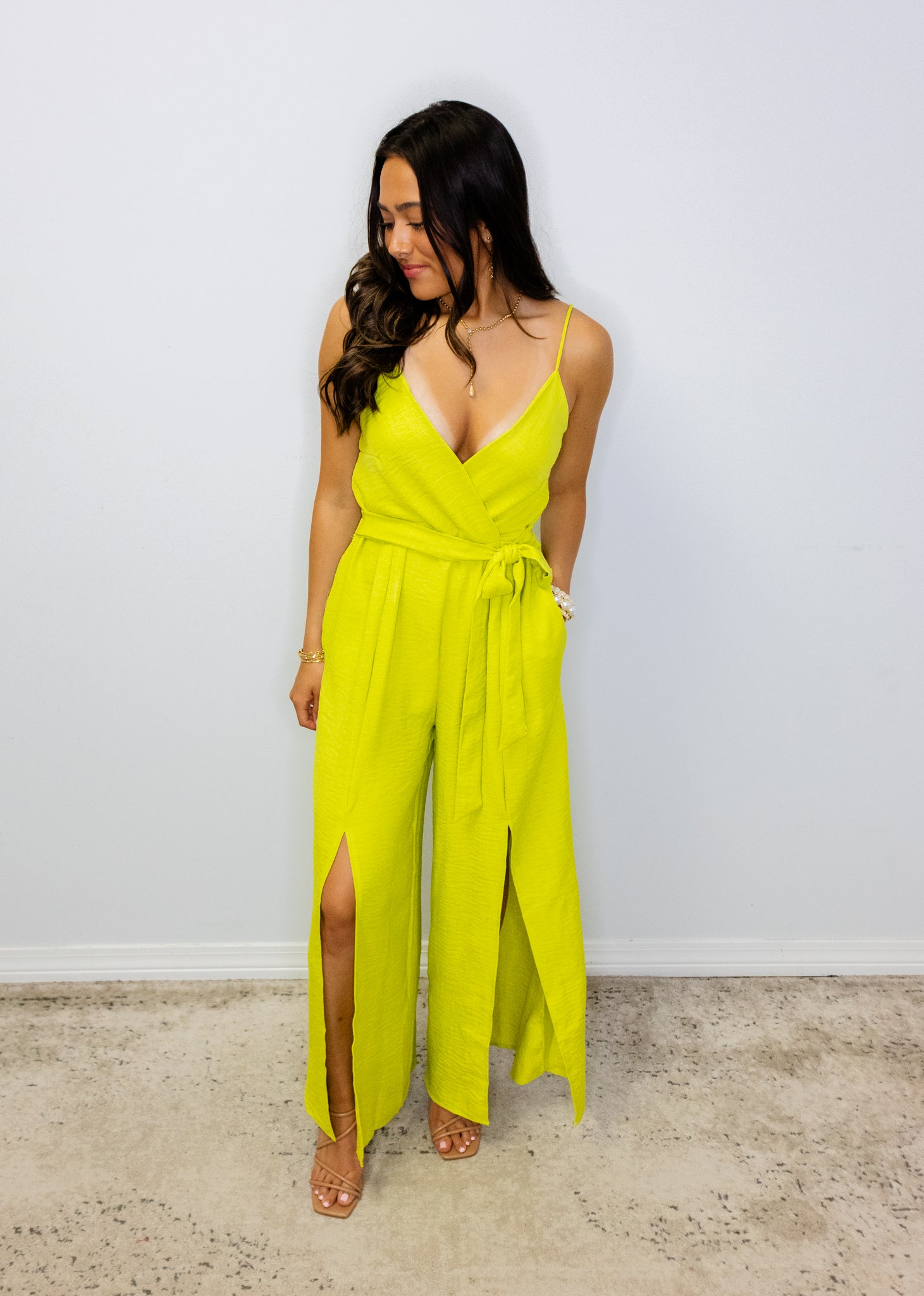 Lime V-Neck Wide Leg Jumpsuit