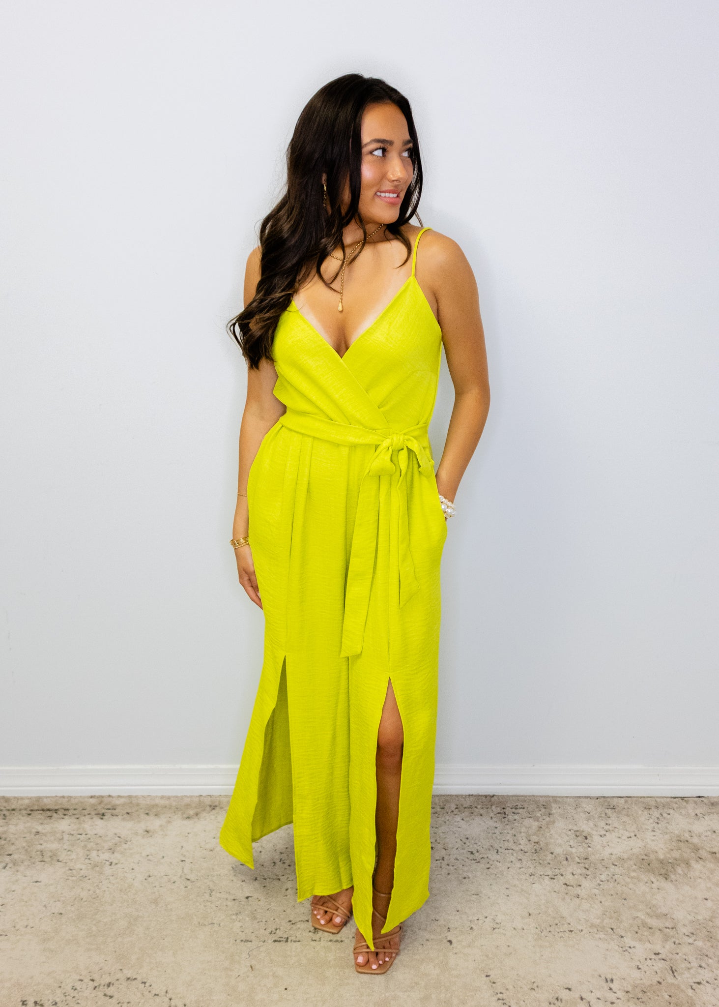 Lime V-Neck Wide Leg Jumpsuit