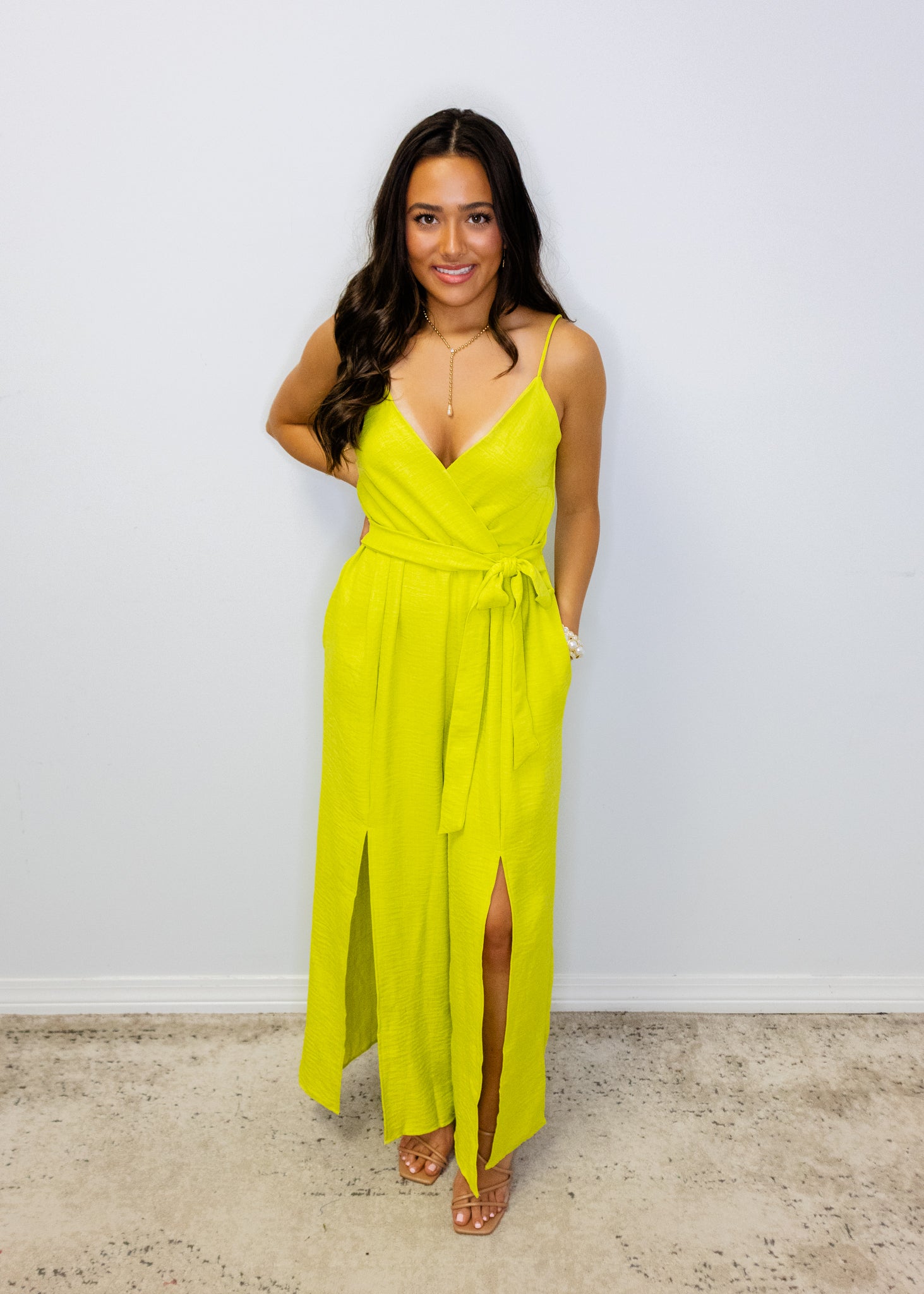 Lime V-Neck Wide Leg Jumpsuit