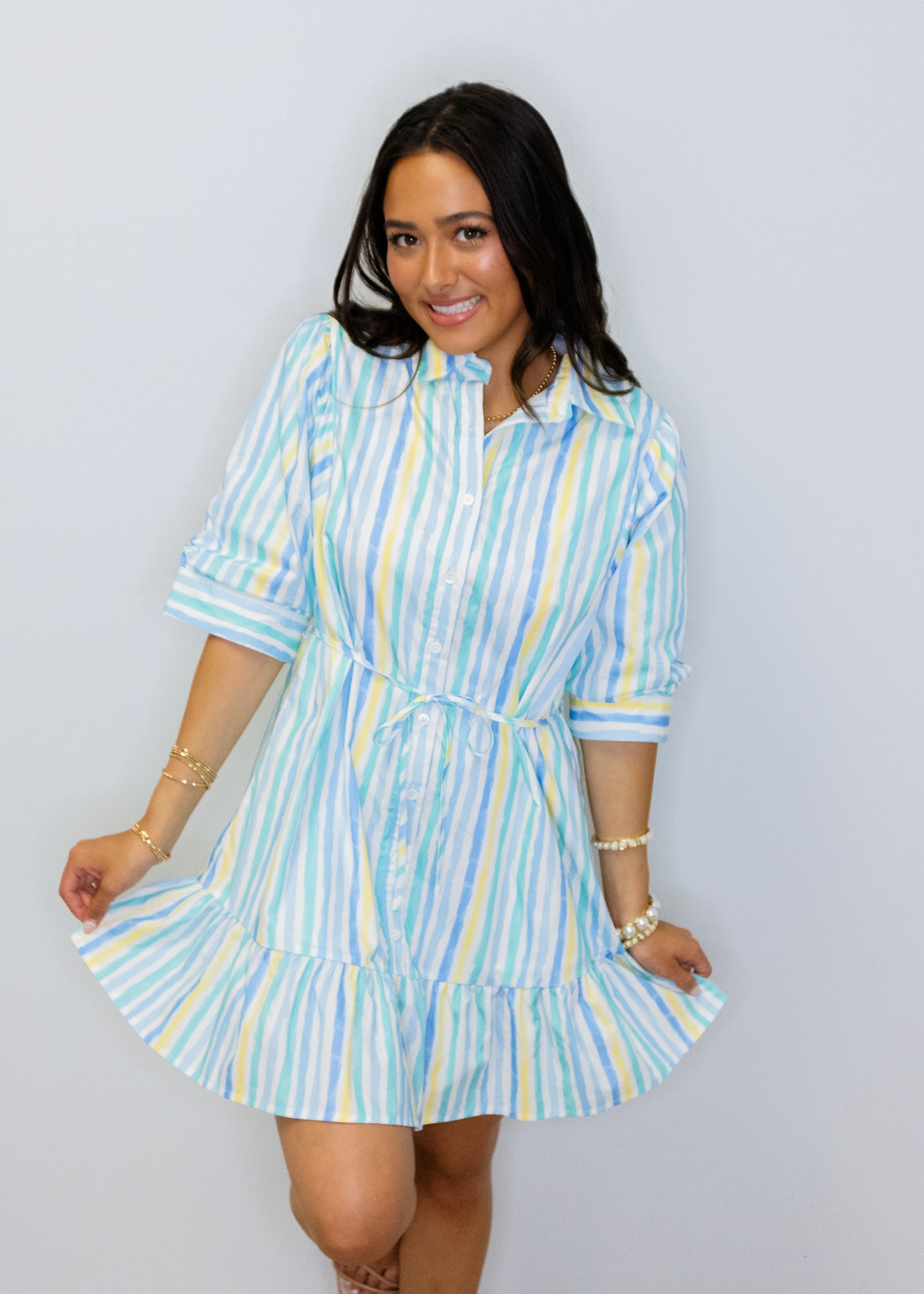 Blue & Yellow Stripe Button Up Dress