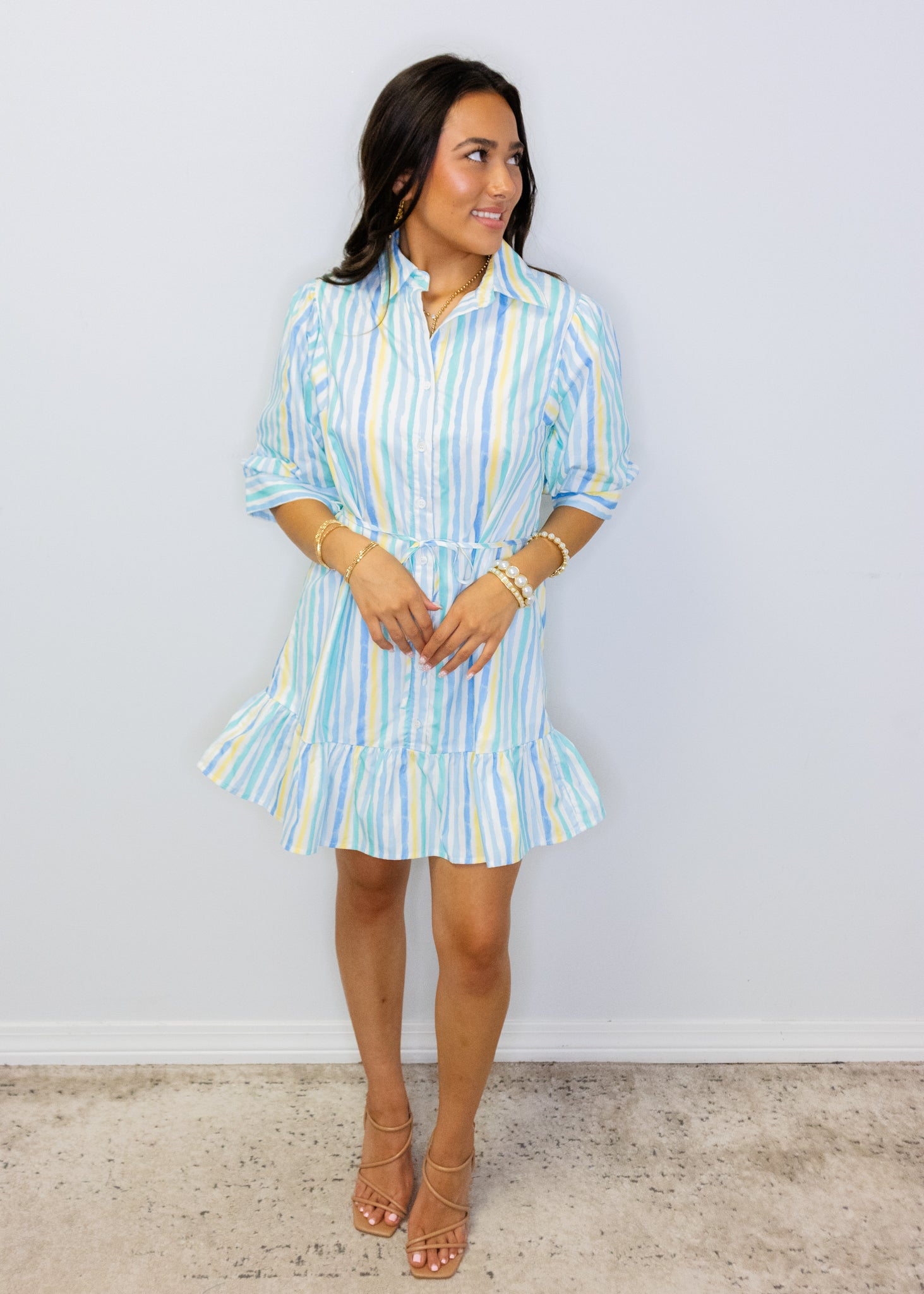 Blue & Yellow Stripe Button Up Dress