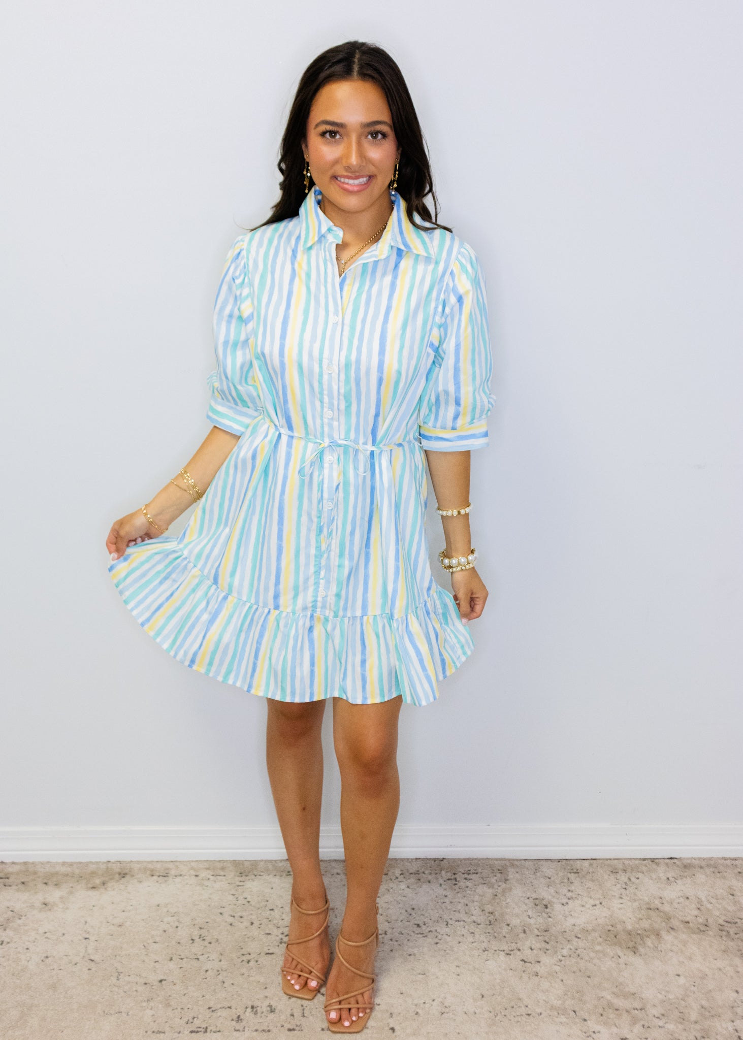 Blue & Yellow Stripe Button Up Dress