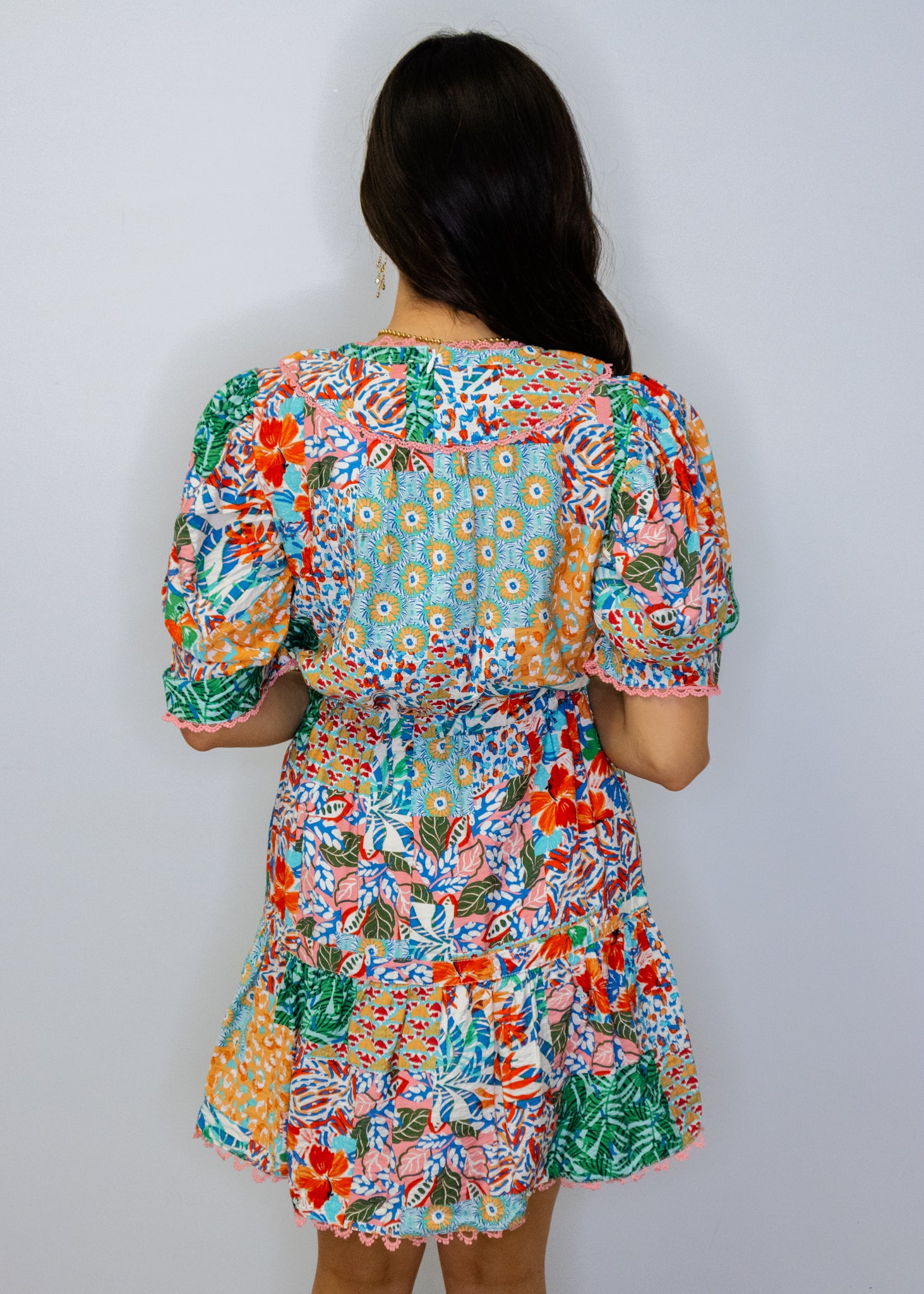 Multi Print Picot Trimmed Tassel Tie Neck Dress