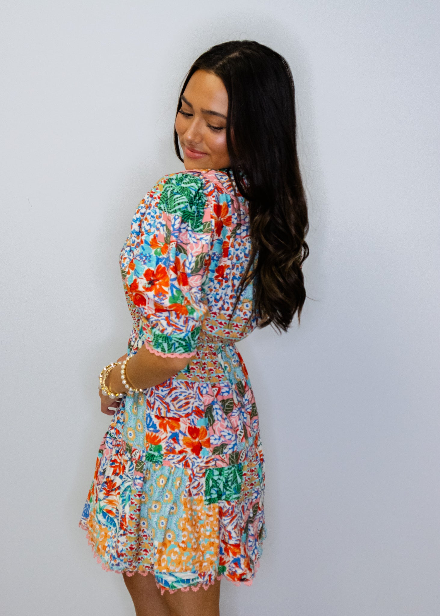 Multi Print Picot Trimmed Tassel Tie Neck Dress