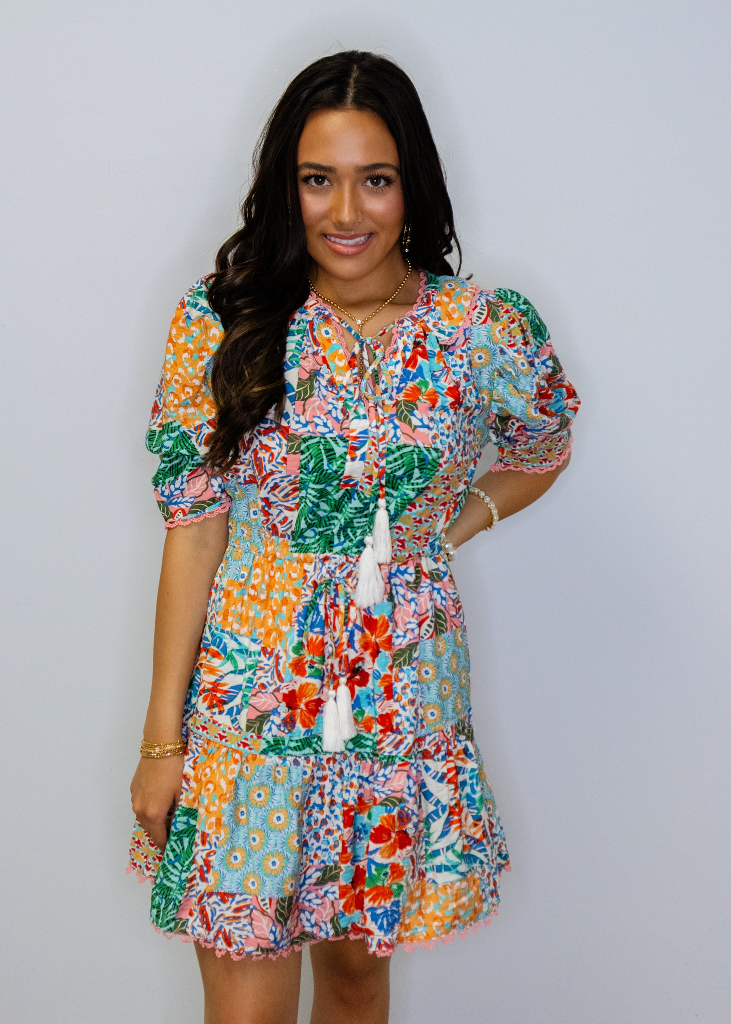 Multi Print Picot Trimmed Tassel Tie Neck Dress